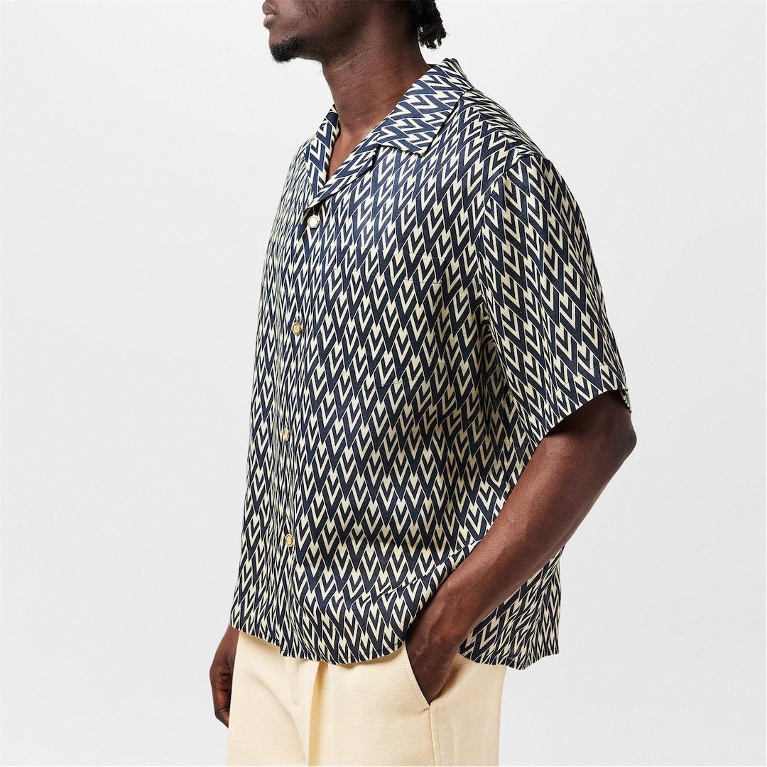 Valentino o1g2r1mq0526 Linen Bowling Shirt in Navy/Cream Size US S / EU 44-46 / 1 - 5 Thumbnail