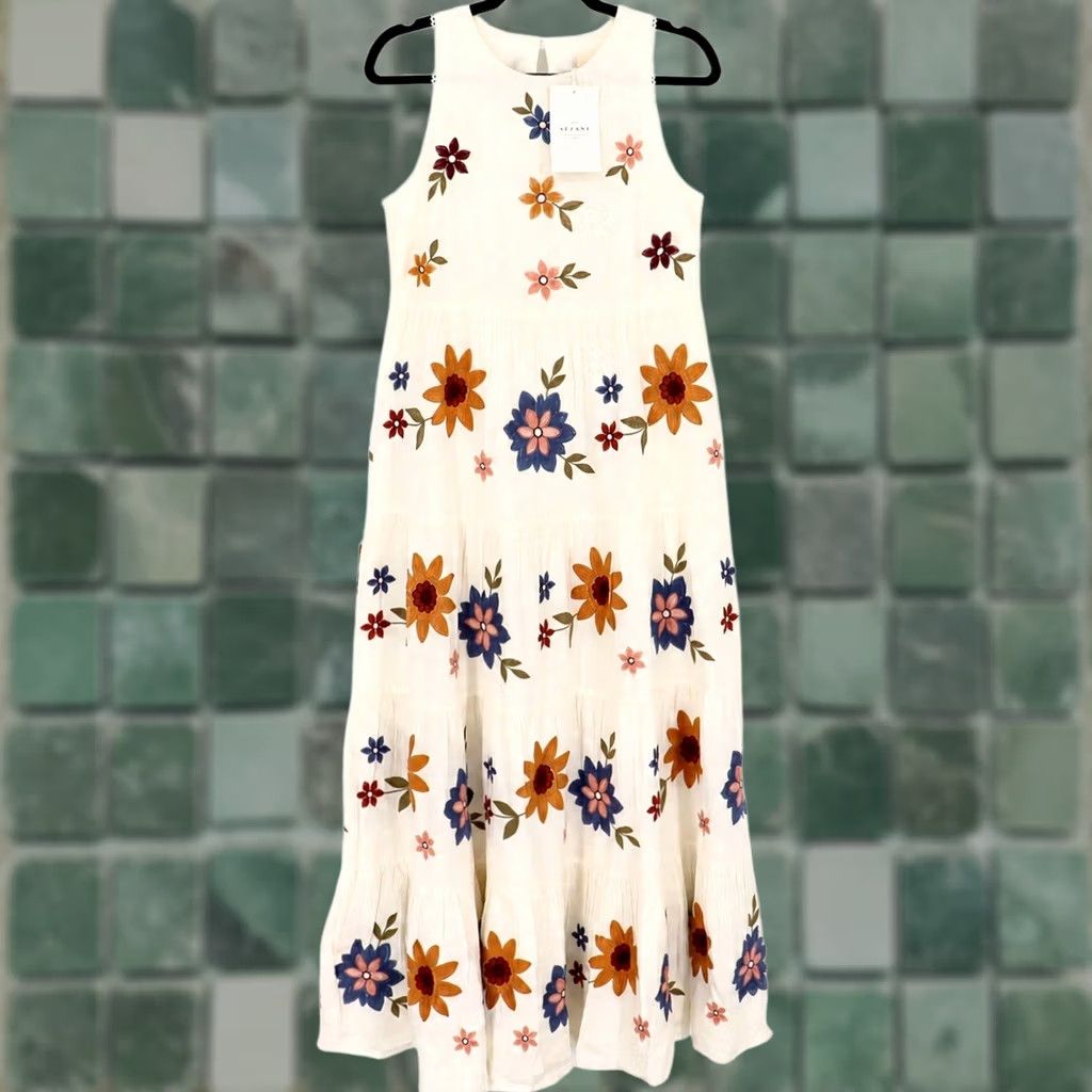 Vintage Sezane Maxi Dress Gardenia Floral Embroidered Linen Cotton Ivory US 4 FR 36 Womens Size S / US 4 / IT 40 - 1 Thumbnail