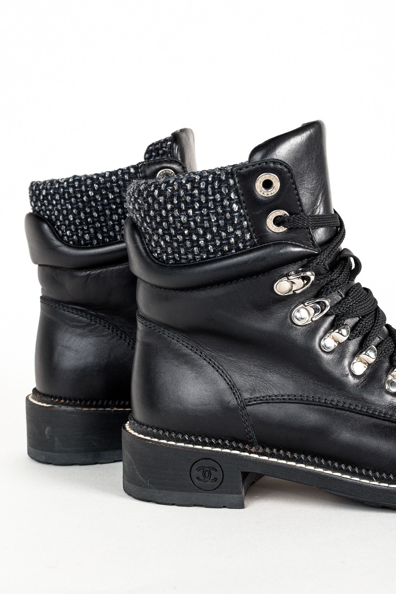 Chanel Chanel 15A Black Leather Tweed-Trim Lace-Up Short Boots Size US 6 / IT 36 - 9 Thumbnail