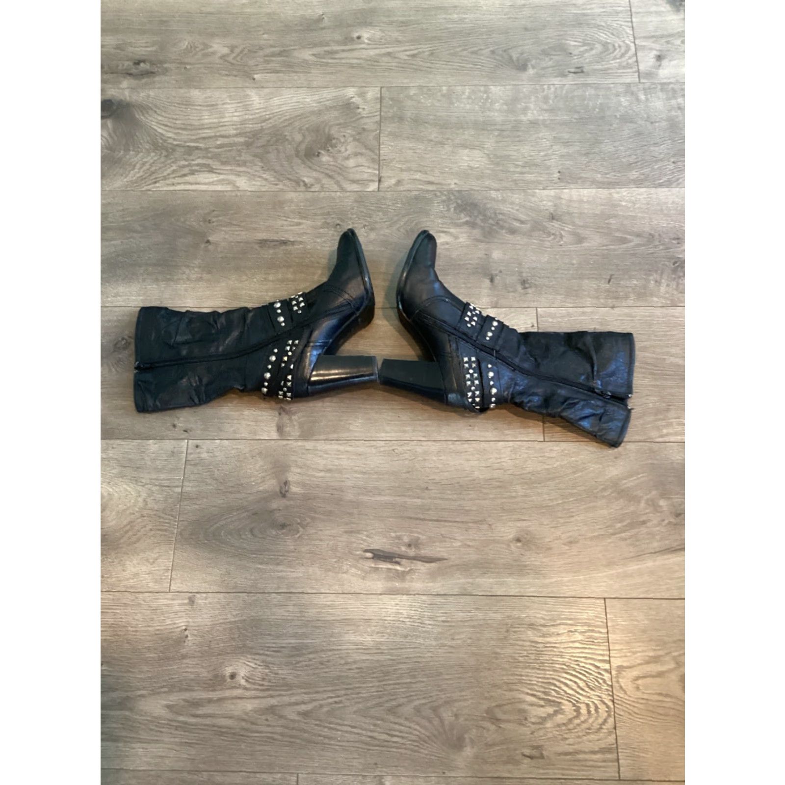 Vintage VINTAGE a.n.a Biker Boots Women Mid-Calf Leather Zipper Black 6.5 High Block Heel Studs Size US 6.5 / IT 36.5 - 5 Thumbnail