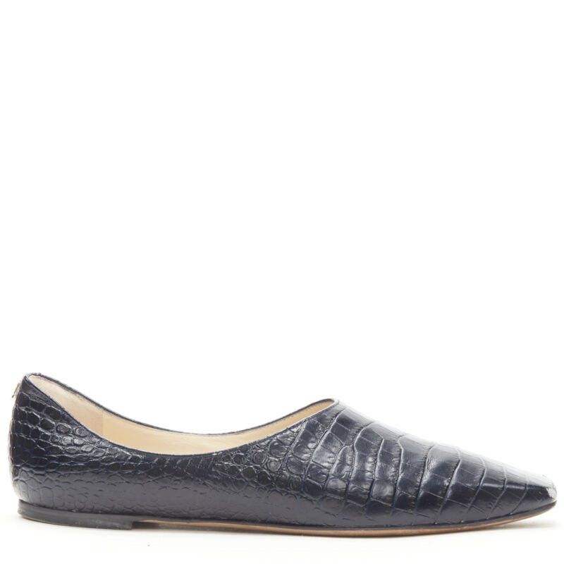 Jimmy Choo JIMMY CHOO black navy mock croc leather square toe JC charm flats EU38 Size US 8 / IT 38 - 1 Thumbnail