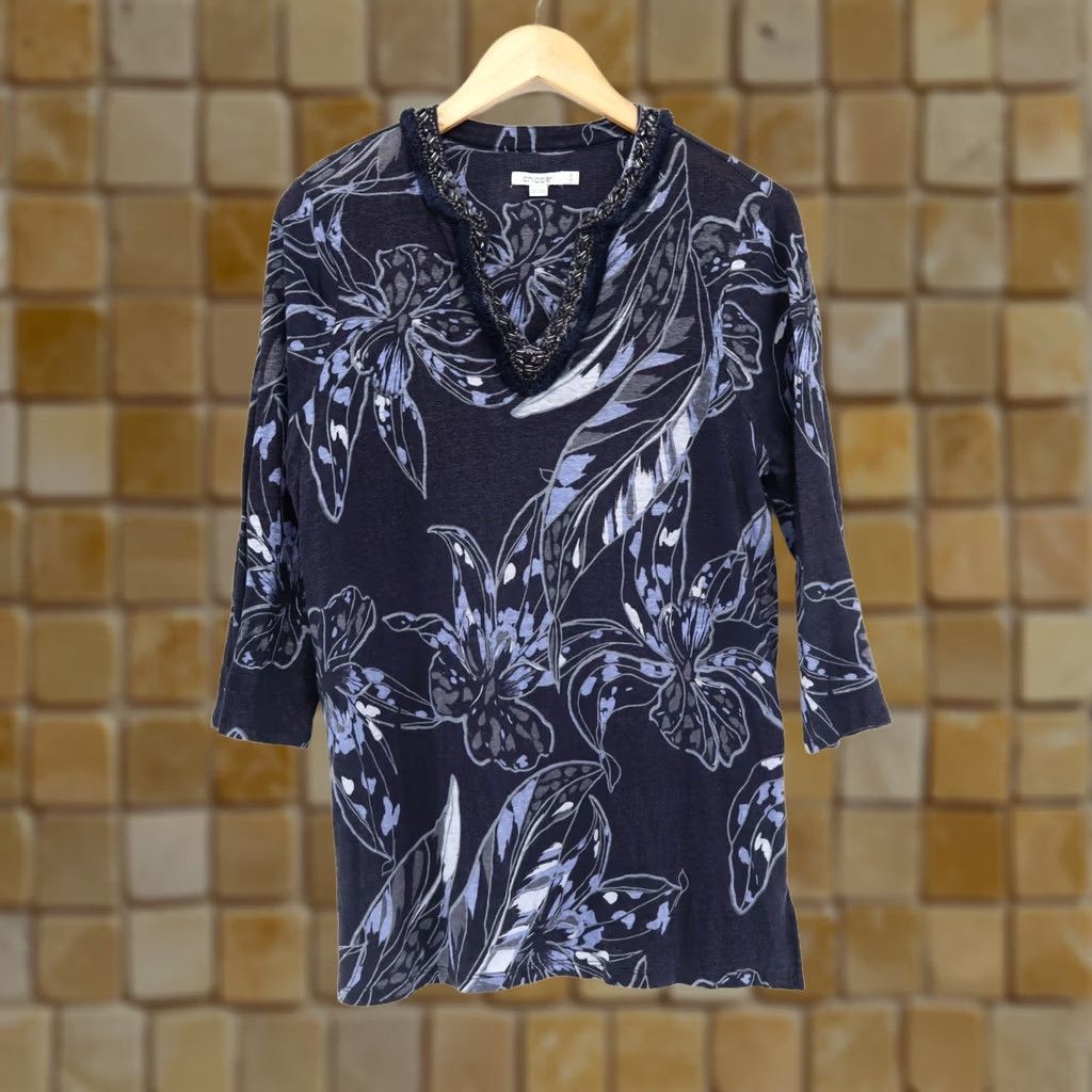 Vintage Chicos Blouse Shirt Women's Linen Floral Beaded Tunic Top Navy 3/4 Sleeve L Blue Size US L Size L / US 10 / IT 46 - 1 Thumbnail