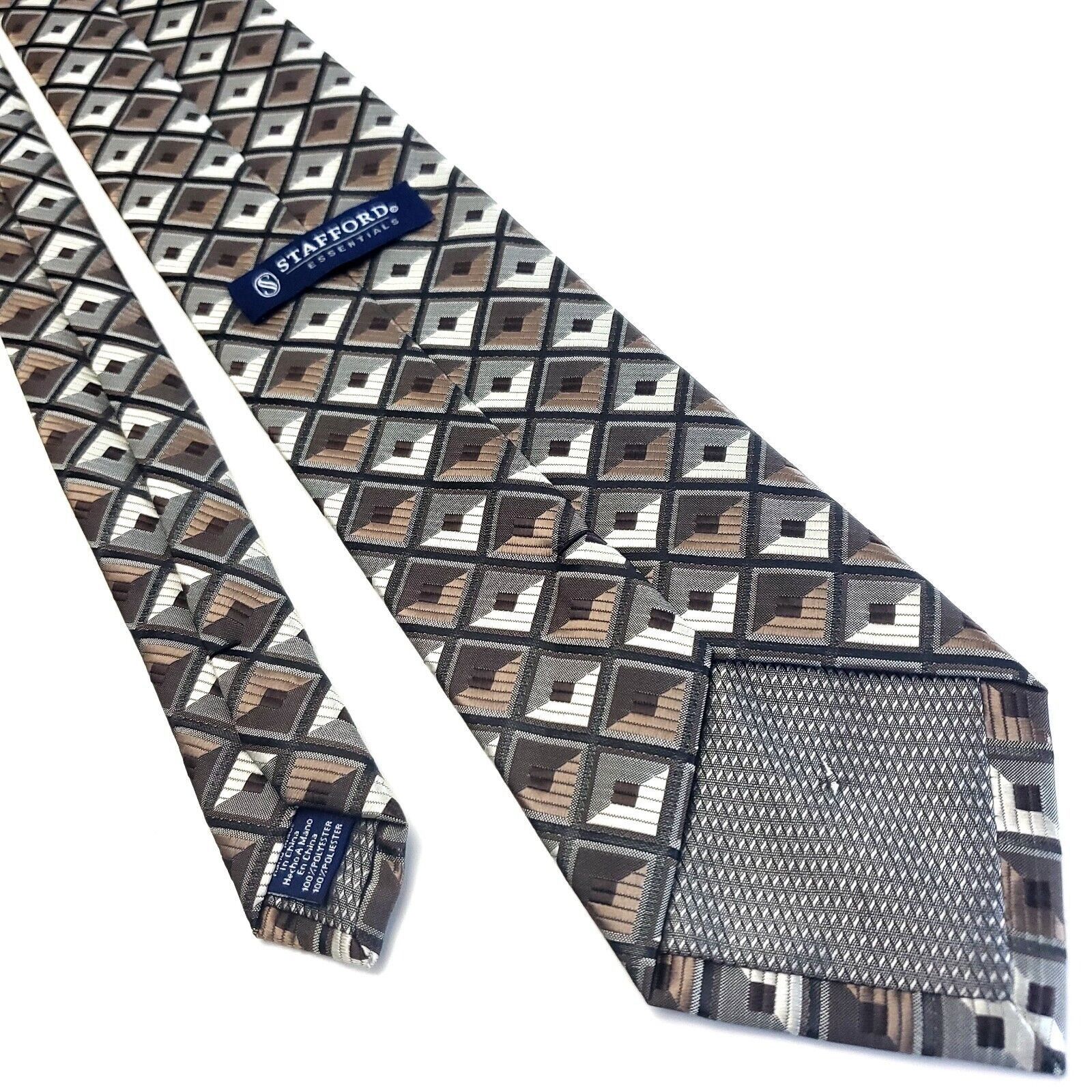 Stafford Stafford Essentials Brown White Silk Tie Woven Geometric Size ONE SIZE - 3 Thumbnail