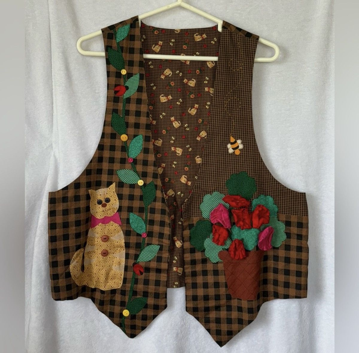 Vintage Handmade Large Brown Reversible Cat Floral Gingham Vest Size L / US 10 / IT 46 - 1 Thumbnail