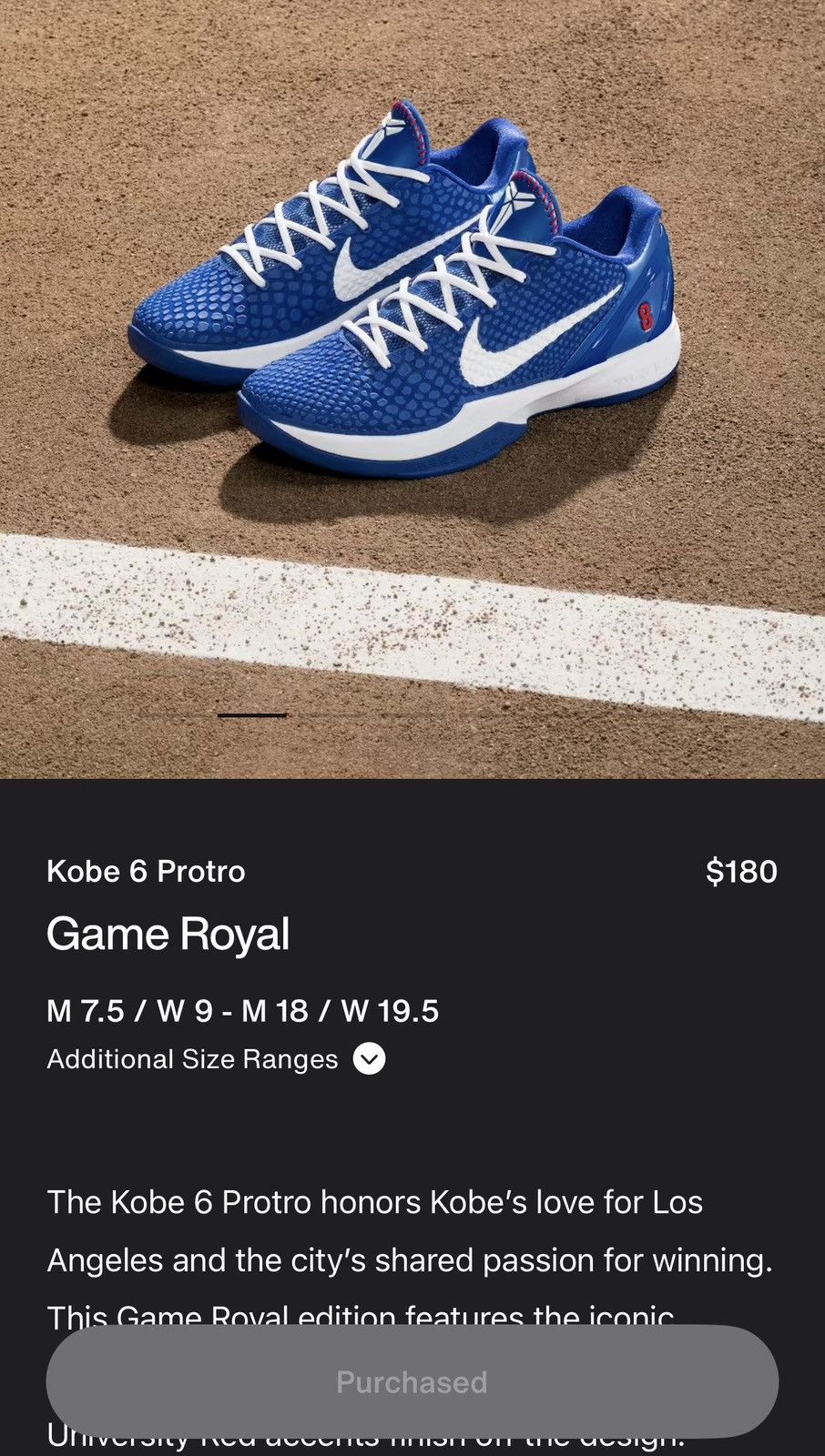 Nike Nike Kobe 6 Protro Game Royal Dodgers 11.5 Size US 11.5 / EU 44-45 - 1 Thumbnail