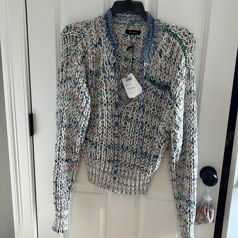 Isabel Marant $935 Isabel Marant Women Blue Metallic Knit Tie-Neck Sweater Size XS / US 0-2 / IT 36-38 - 3 Thumbnail