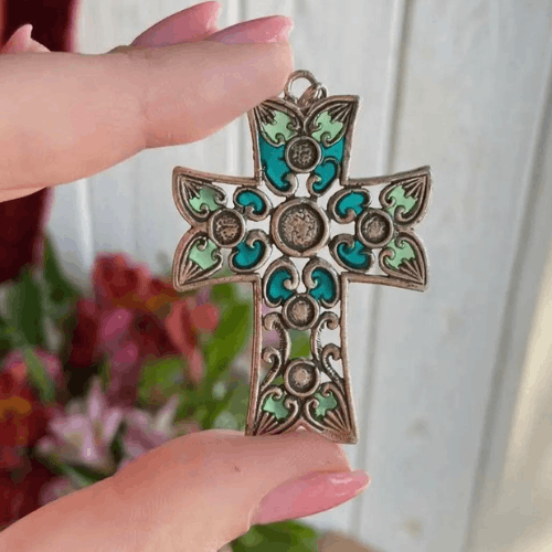 Vintage Christian Cross Pendant Silvered with Colored