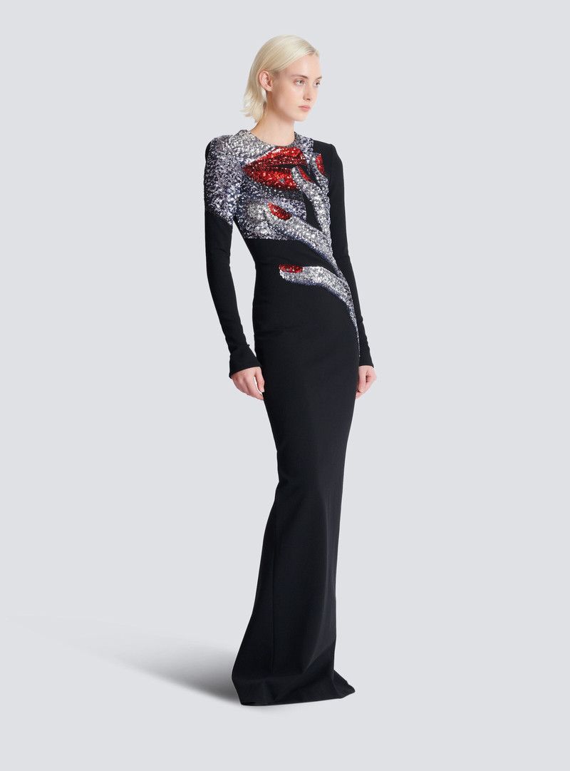Balmain o1s1wg110526 Long Embroidered Dress with Face Motif in Black Size S / US 4 / IT 40 - 3 Thumbnail