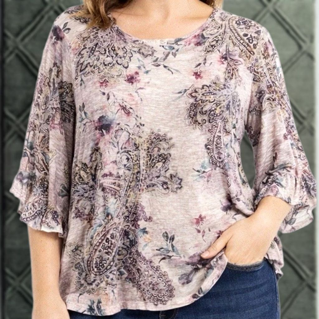 Vintage TIME & TRU Blouse Shirt Womens Bohemian Purple Paisley 20 XXL 3/4 Sleeve Flared Studded Lightweight Regular Large Size 3XL / US 20-22 - 1 Thumbnail
