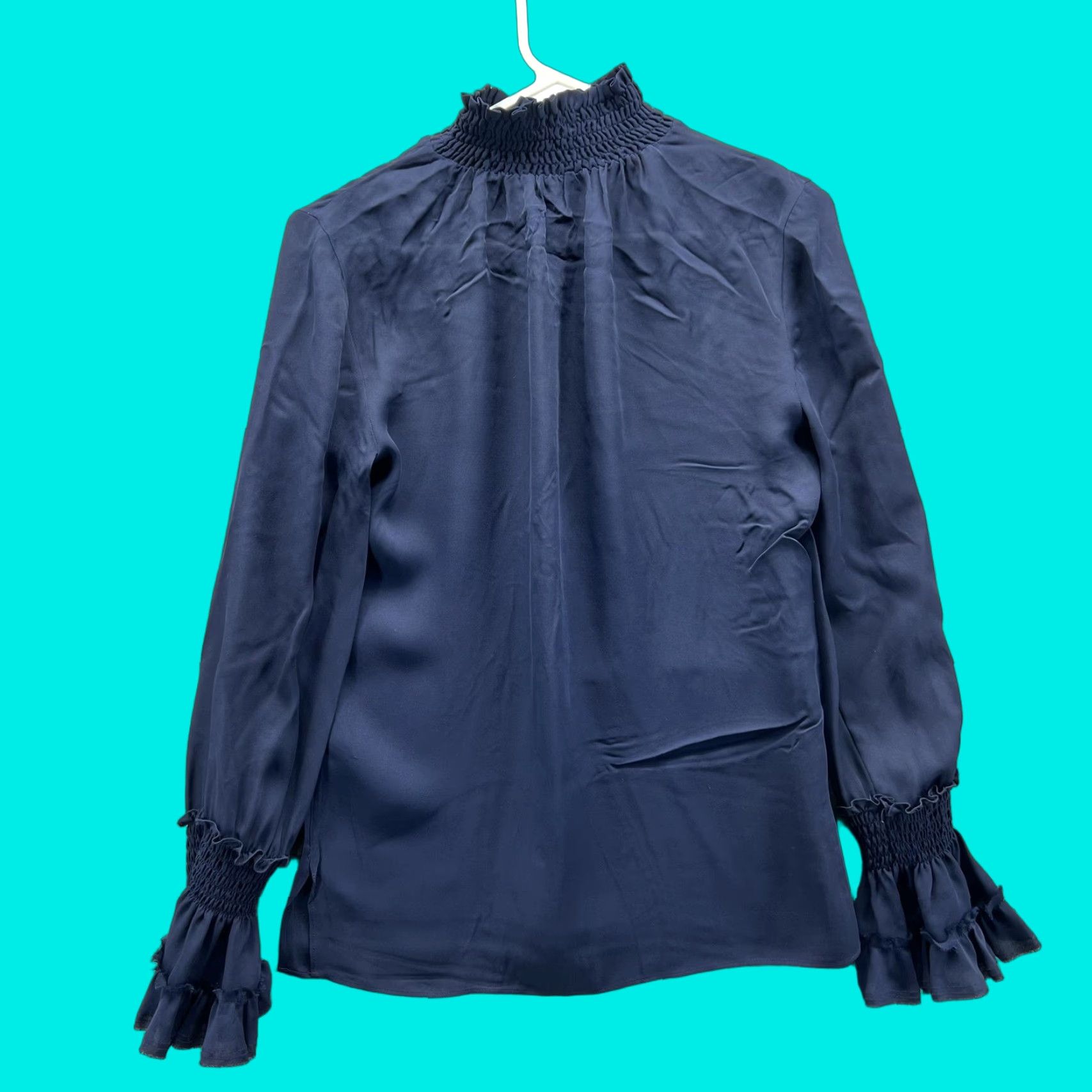KOBI HALPERIN Kobi Halperin Blouse Womens XS Navy Blue 100% Silk Mock Neck Ruffle Cuff Top Smocked Lightweight Long Sleeve Modern Classic Size XS / US 0-2 / IT 36-38 - 1 Thumbnail