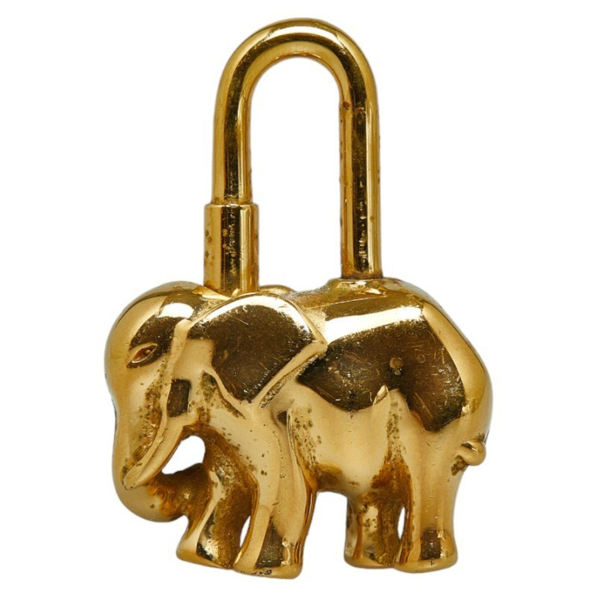 image of Hermes Padlock Charm Elephant Motif Choker Gold Brown Plated Leather Women's Hermes