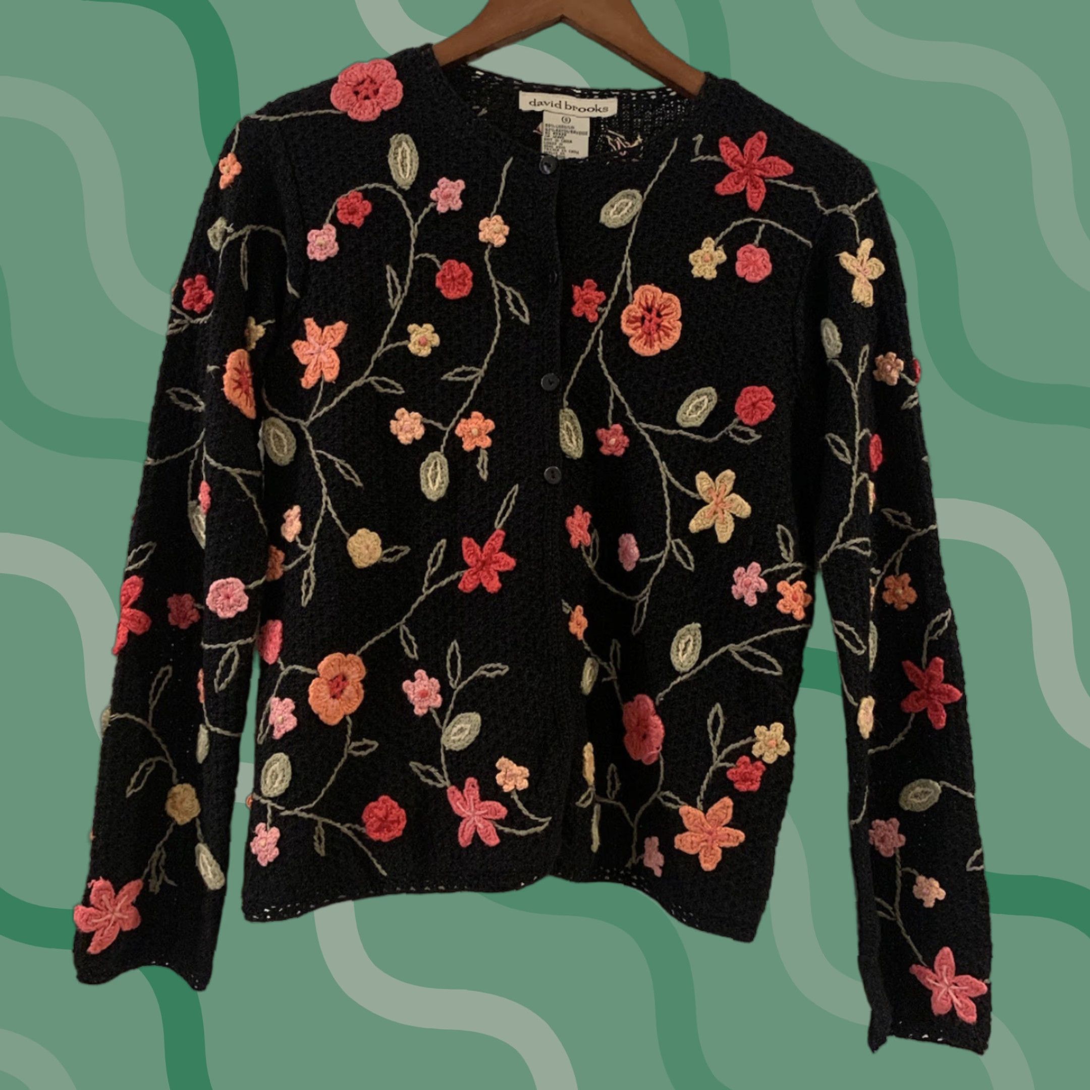Brooks DAVID BROOKS Cardigan Sweater Women S Black Multi Floral Embroidered Cottagecore Knit Long Sleeve Round Neck Vintage No Size S / US 4 / IT 40 - 1 Thumbnail