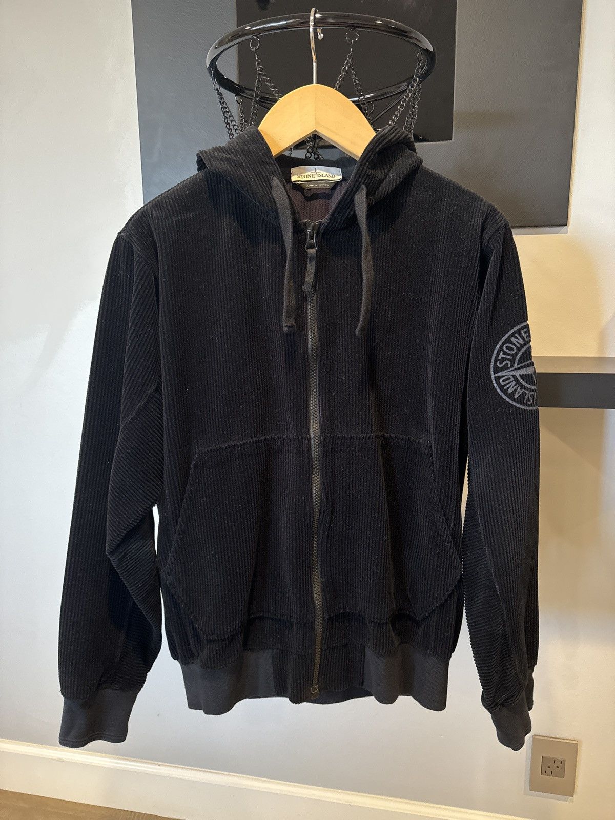 image of Barneys New York x Stone Island Barneys Newyork Corduroy Bomber Hooded Jacket in Black (Size XL)