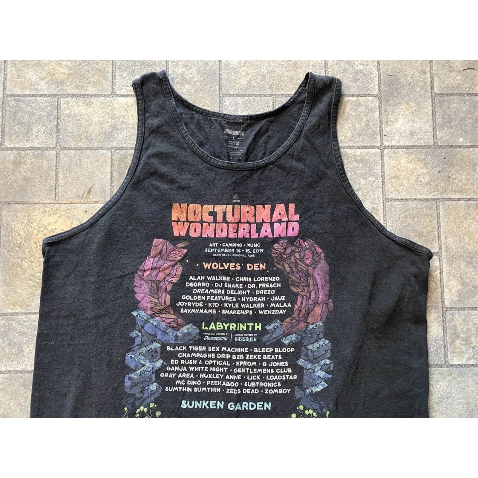 Vintage Nocturnal Wonderland Festival Lineup 2019 Insomniac Mens LARGE Tank Top Shirt Black T-Shirt Graphic Print Sleeveless Short Sleeve Tagless Printing Size US L / EU 52-54 / 3 - 4 Thumbnail