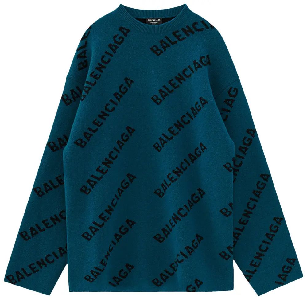 Balenciaga Balenciaga FW21 All Over Logo Wool Sweater Petrol Blue Size US L / EU 52-54 / 3 - 8 Thumbnail