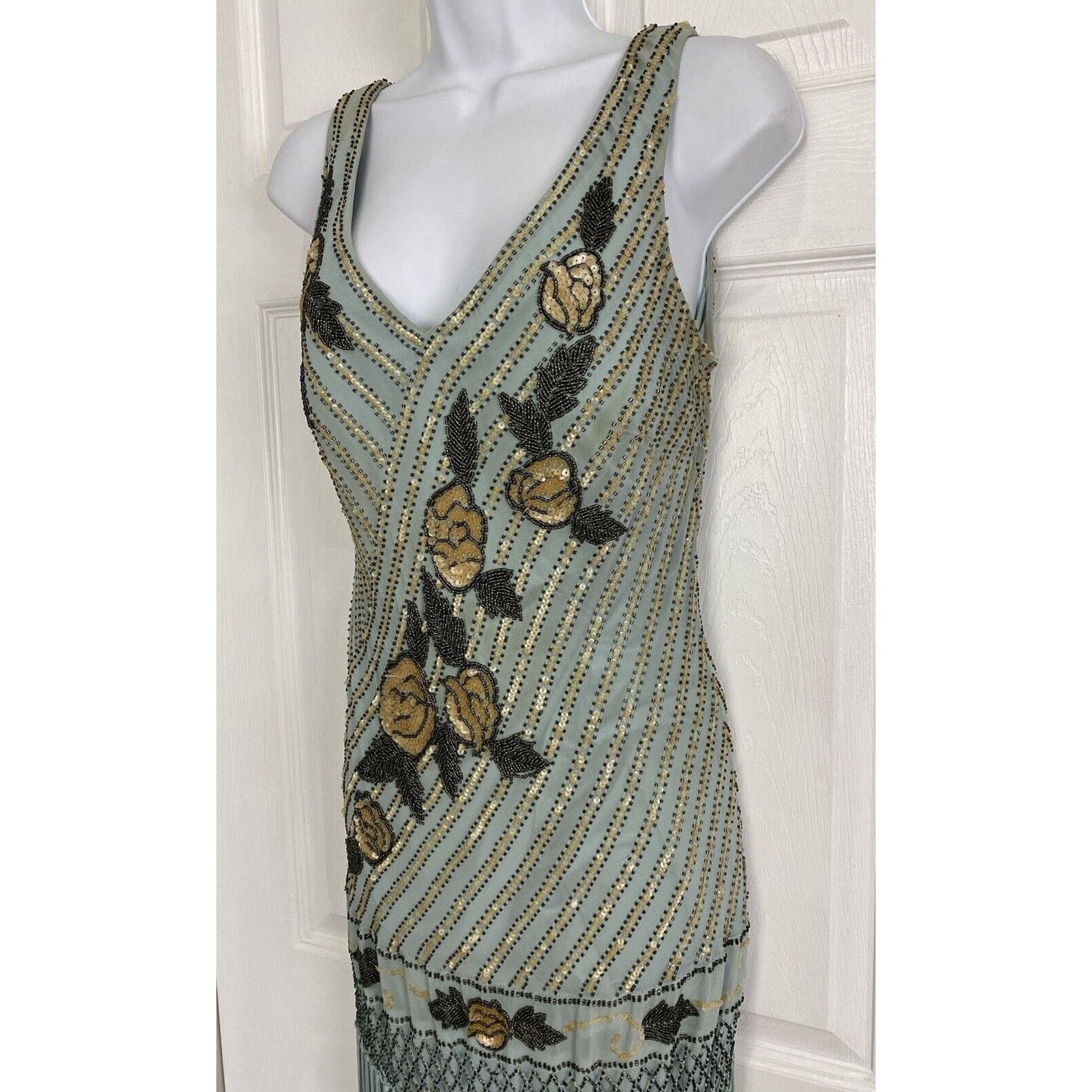 Other Cache Silk Beaded Fringe Floral Sequins Dress 10 Y2K Blue Size L / US 10 / IT 46 - 1 Thumbnail