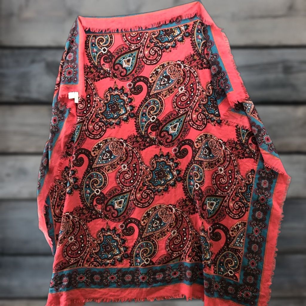 Loft VINTAGE Loft Square Fringe Scarf Womens Paisley Print Pink Blue Boho Shawl Neck Size ONE SIZE - 1 Thumbnail