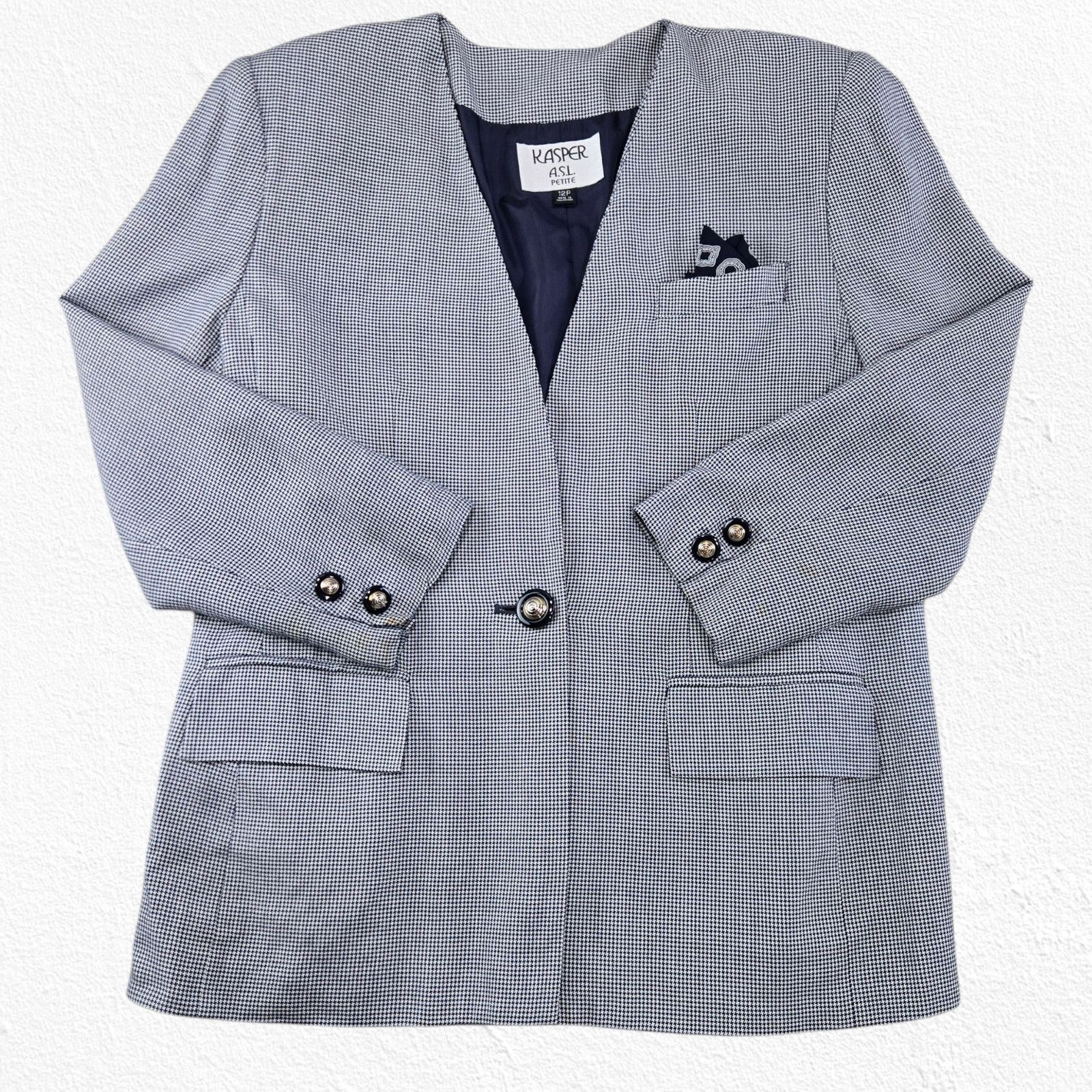 Vintage Vintage Navy White Houndstooth Blazer Jacket Size 12P Size XL / US 12-14 / IT 48-50 - 2 Thumbnail