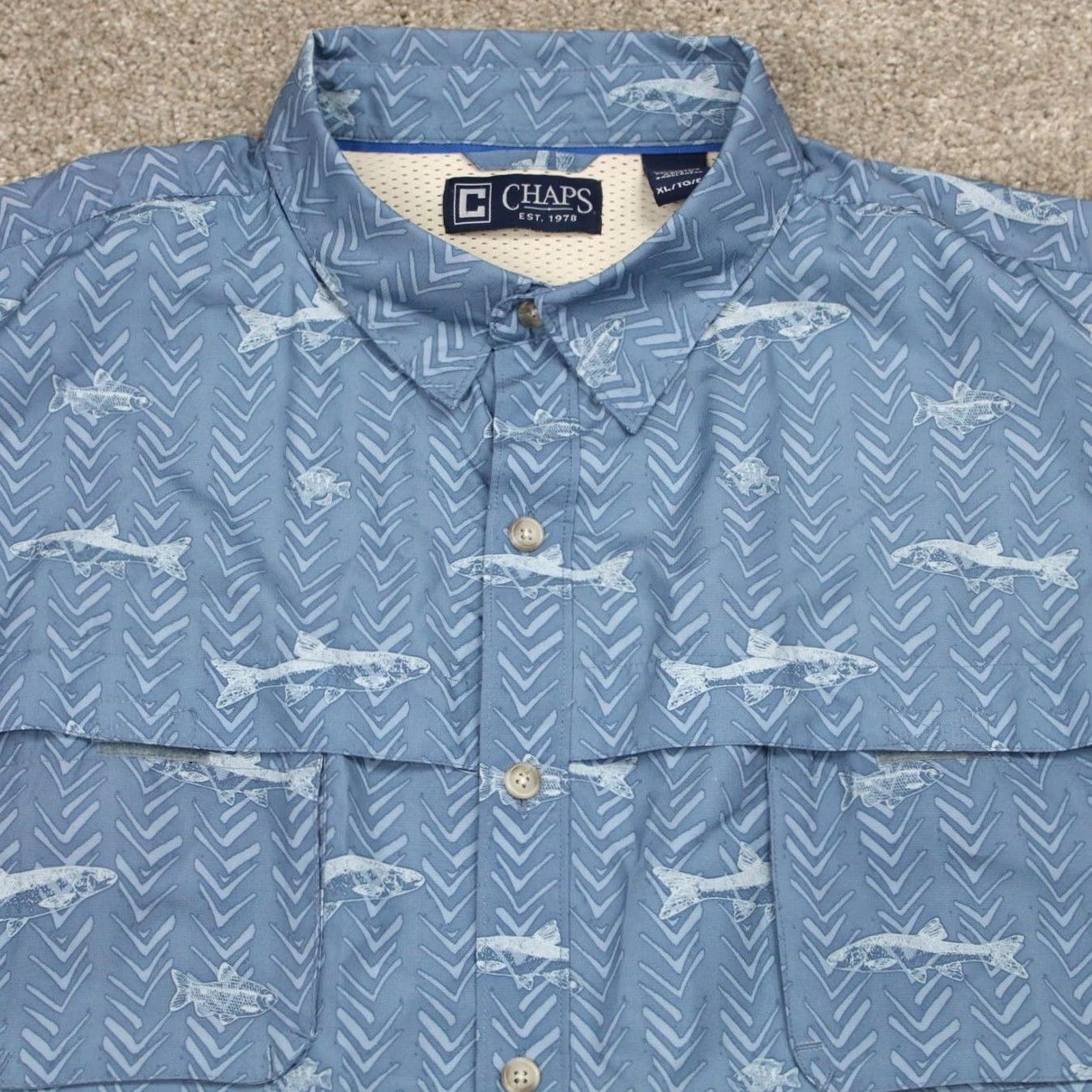Chaps Chaps AOP Shirt Mens XL Blue Quick Dry Shark Print S/S Snap Collar Shirt Size US XL / EU 56 / 4 - 6 Thumbnail