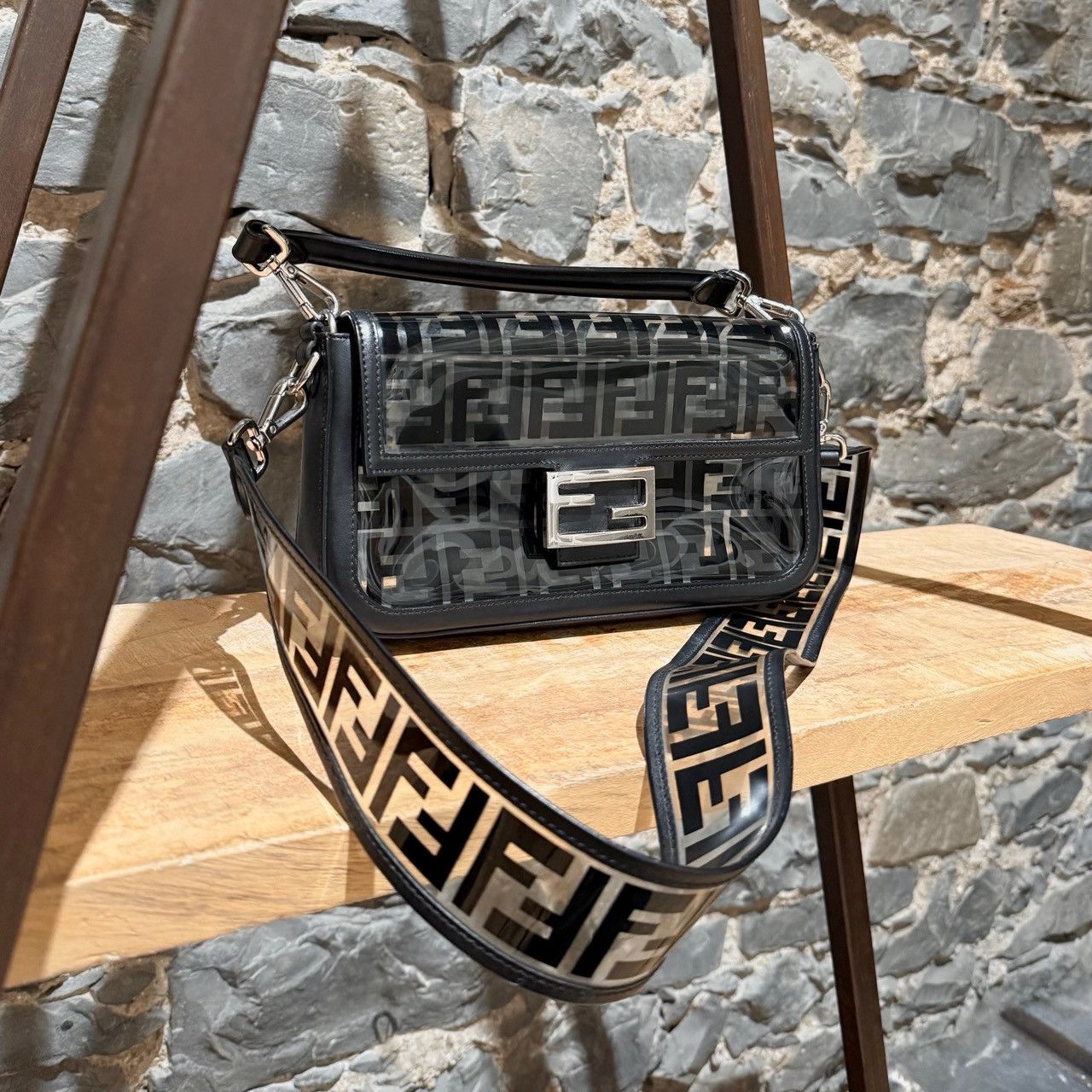 Fendi Fendi Black Leather Clear FF Zucca PVC Medium Baguette Bag Size ONE SIZE - 2 Thumbnail