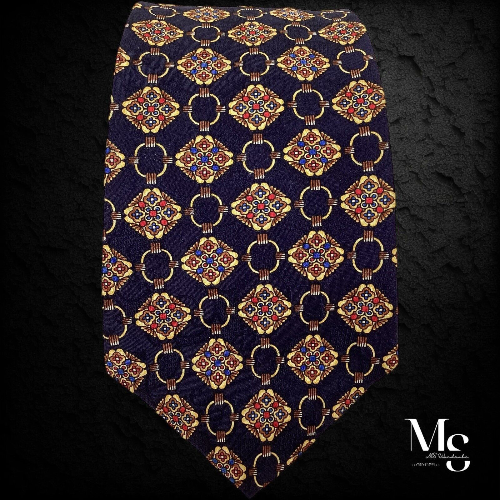 Christian Dior Monsieur CHRISTIAN DIOR MONSIEUR Navy Gold Medallion Silk Tie H.Made Size ONE SIZE - 5 Thumbnail
