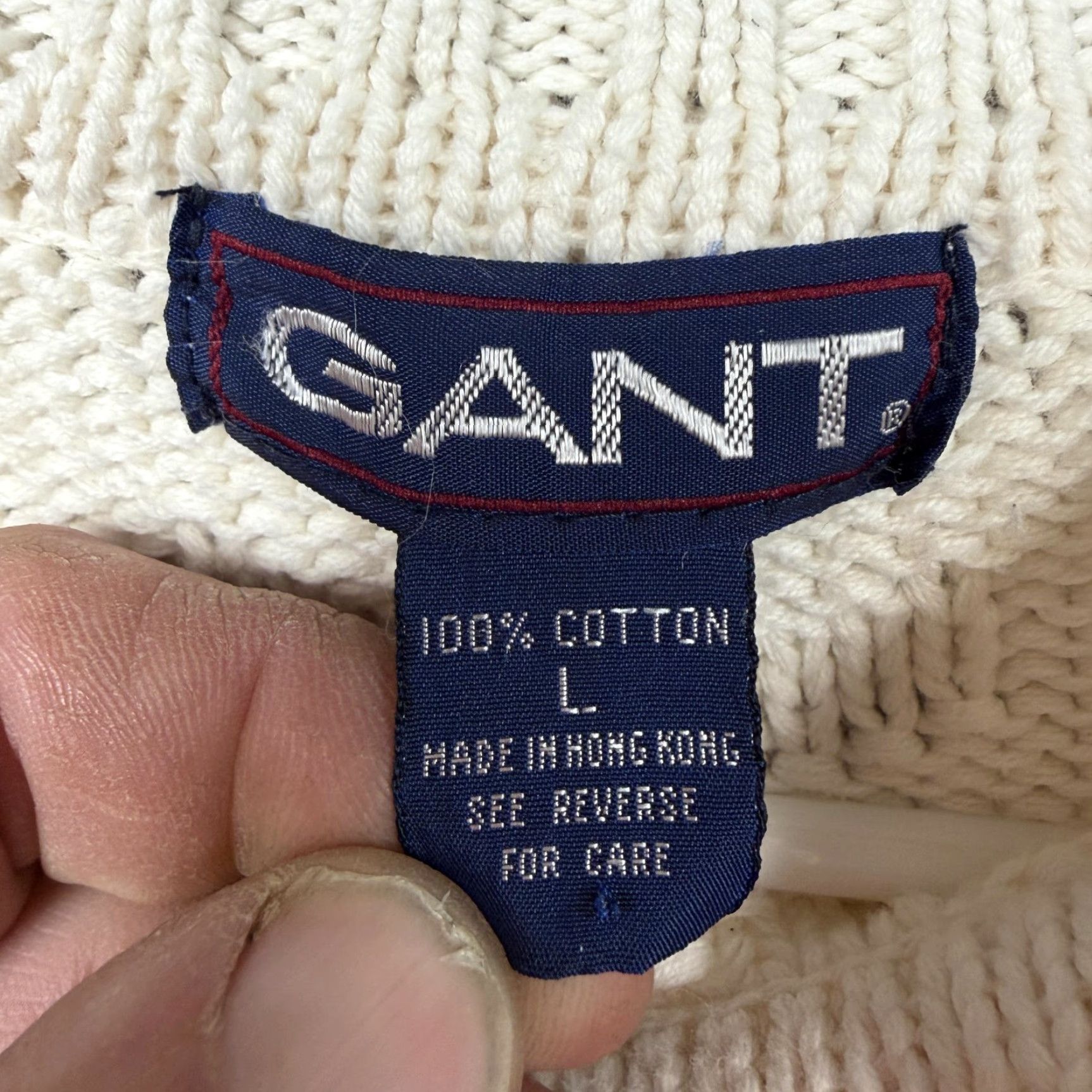 Gant VINTAGE GANT Sweater Mens L White Cable-Knit Fisherman Preppy 80s 90s Heavyweight Cotton Crew Neck Pullover Knit Size US L / EU 52-54 / 3 - 5 Thumbnail