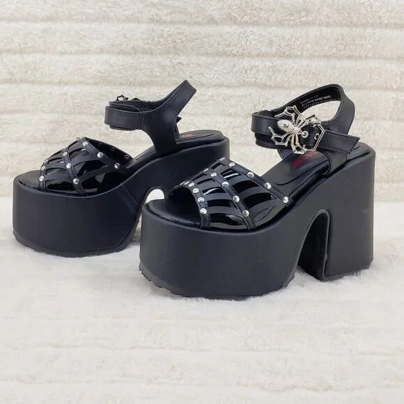 Other Camel 17 Stacked Black Spider Web Platform Sandals Goth Punk Size US 12 / IT 42 - 8 Thumbnail
