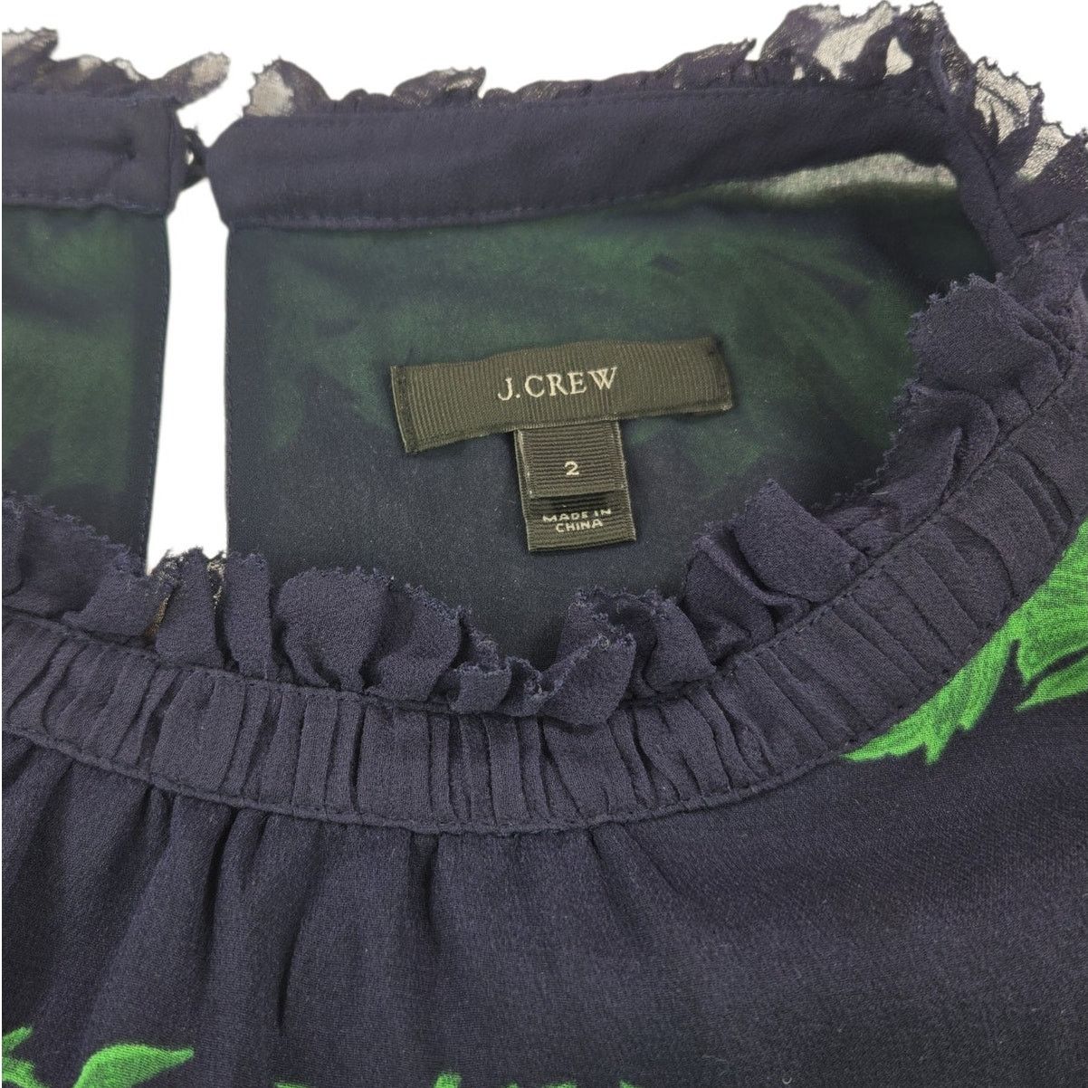 J.Crew J.Crew | Navy & Green 100% Silk Ruffle Neck Shirt | Size 2 Size XS / US 0-2 / IT 36-38 - 5 Thumbnail