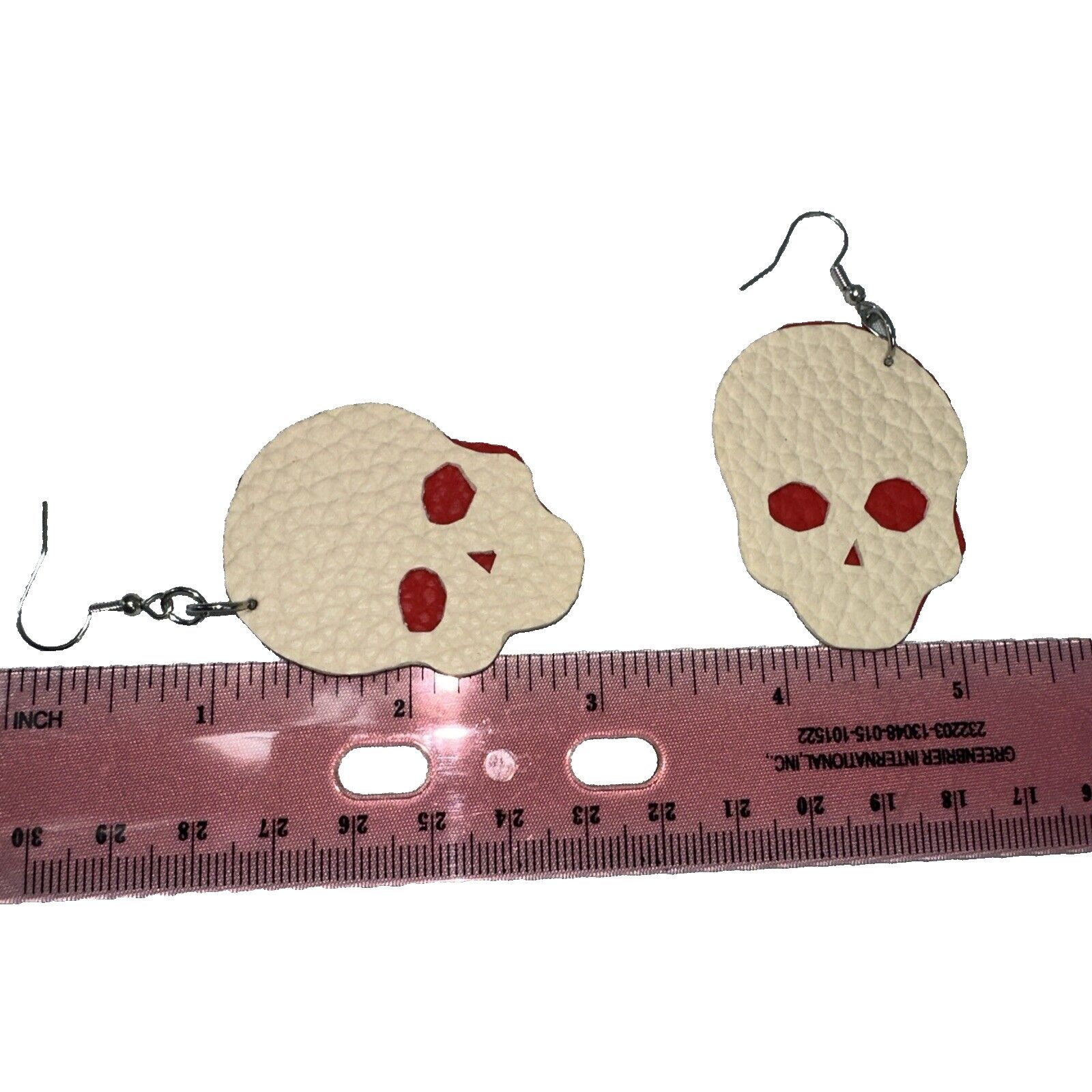 Handmade Hand-Made Halloween Skull Red White Pleather Hook Earrings Size ONE SIZE - 6 Thumbnail