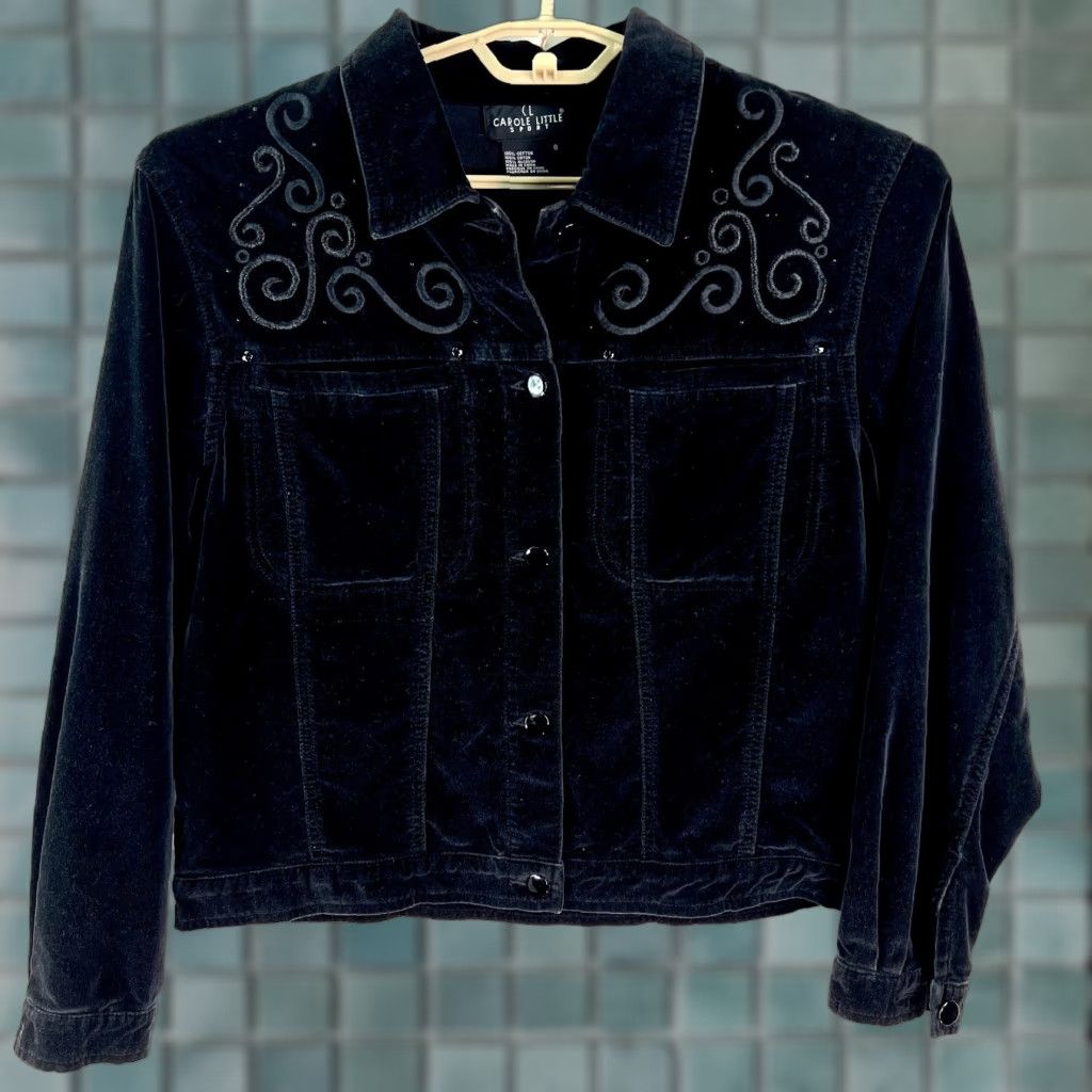 Vintage Carole Little Sport Velvet Jacket Women Size 8 Black Embroidered Long Sleeve Collared Casual Womens Size M / US 6-8 / IT 42-44 - 1 Thumbnail