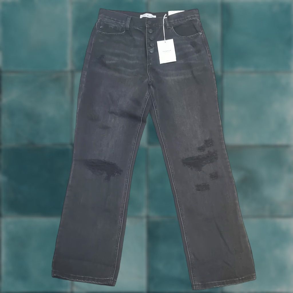 Vintage Kancan Jeans Women 11/29 Black High Rise Straight Leg Button Fly Distressed Jeans Size 29" - 1 Thumbnail