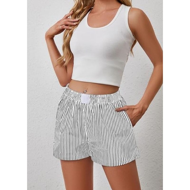 The Unbranded Brand Womens Lounge Shorts Striped Print Elastic Waist Boxer LARGE Size 24" / US 00 / IT 34 - 1 Thumbnail