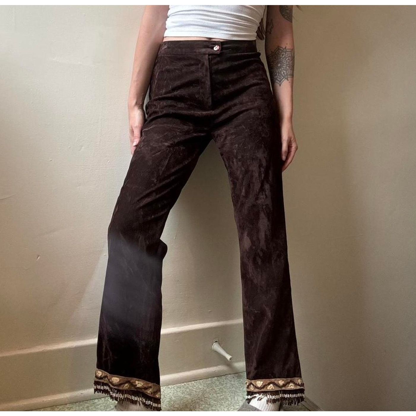 Vintage Vintage Planet Funk Brown Velvety Beaded Ankle Pants 2 Disco Size 26" / US 2 / IT 38 - 1 Thumbnail
