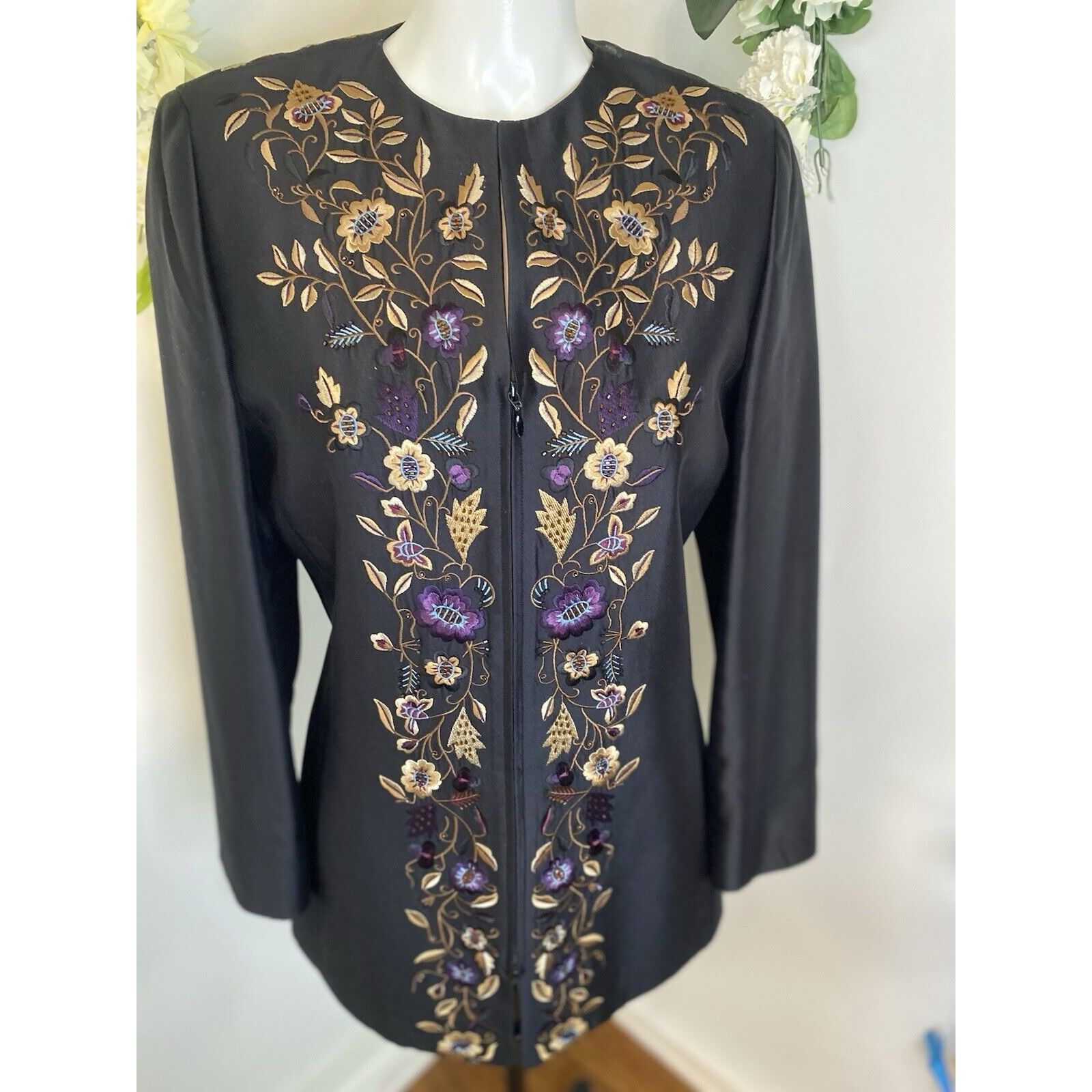 Vintage Dana Buchman Vintage Silk Jacket Long 90s Floral Embroidered Size S / US 4 / IT 40 - 24 Thumbnail