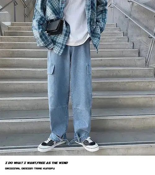 Jean Light Blue Cargo jeans Wide Leg Denim Loose Straight Baggy Size US 32 / EU 48 - 3 Thumbnail