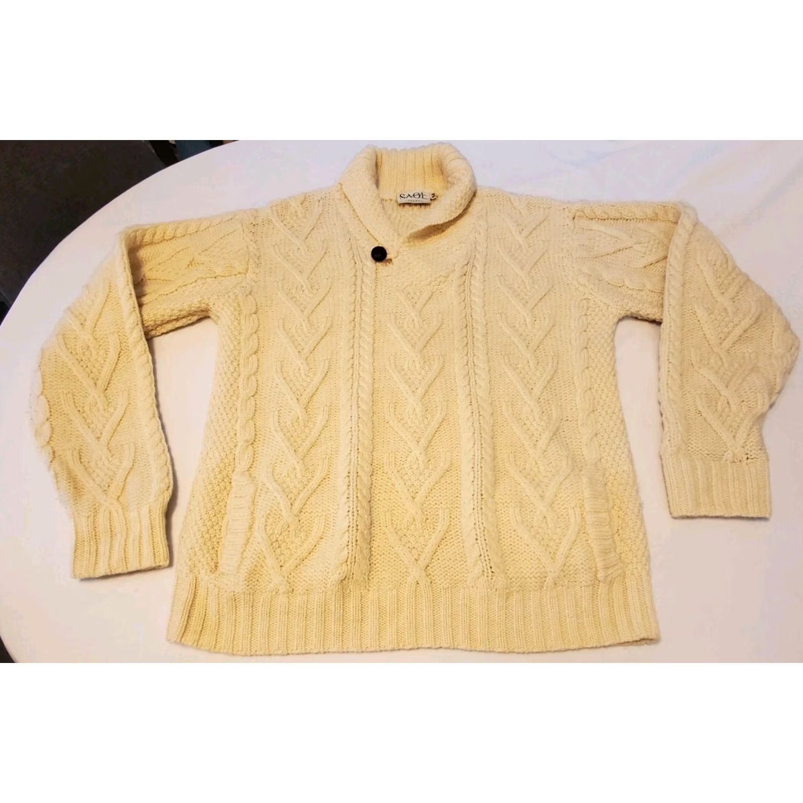 Vintage SAOL Sweater Mens M Cable-Knit Aran Fisherman Wool Merino 1/2 Zip Collared Cream Knitwear Pullover Vintage: No Size US M / EU 48-50 / 2 - 2 Thumbnail