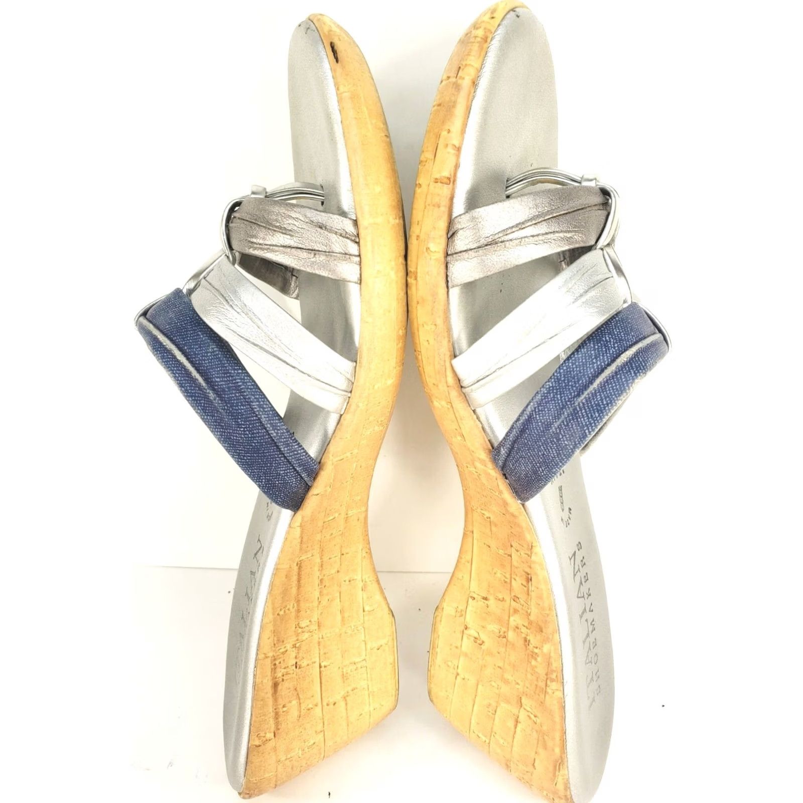 Vintage ITALIAN Shoemaker Denim Silver Wedge Slide Sandal Silver Tone Accent Sz 9 Size US 9 / IT 39 - 7 Thumbnail