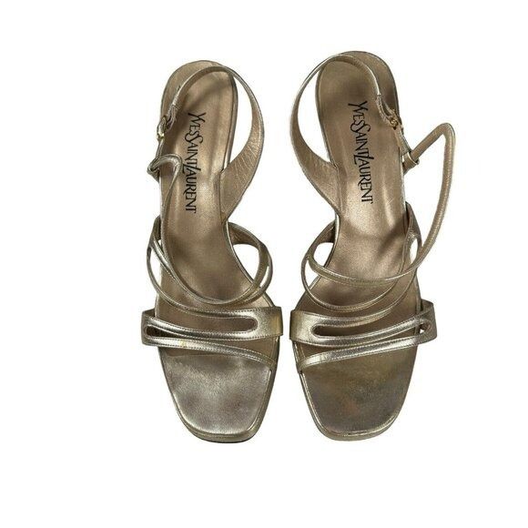 Vintage × Yves Saint Laurent Yves Saint Laurent Gold Metallic Leather 4″ Heeled Sandals S Size US 9 / IT 39 - 2 Thumbnail
