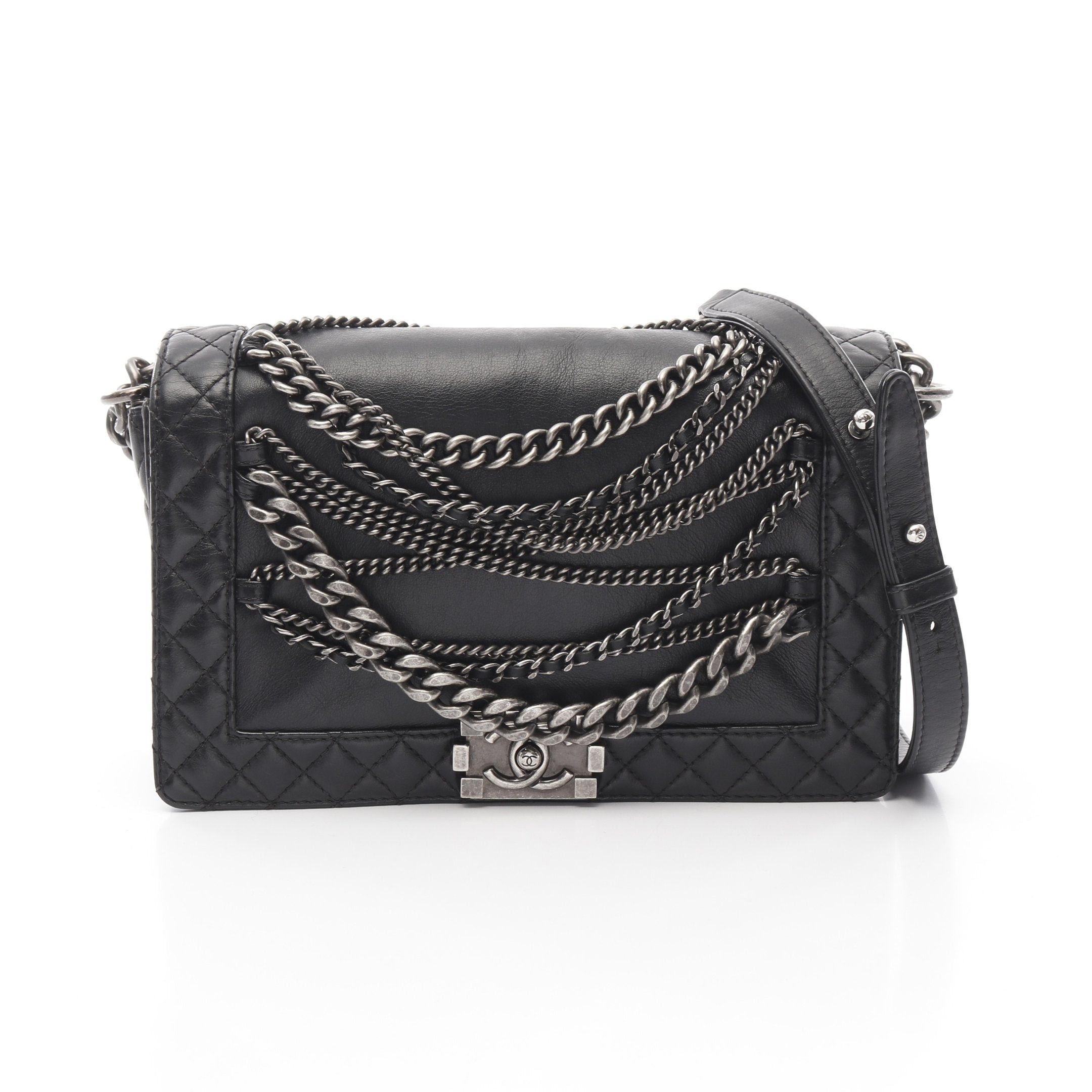Chanel Boy Chanel Chain Shoulder Bag Leather Black Antique Silver Hardware, Women's