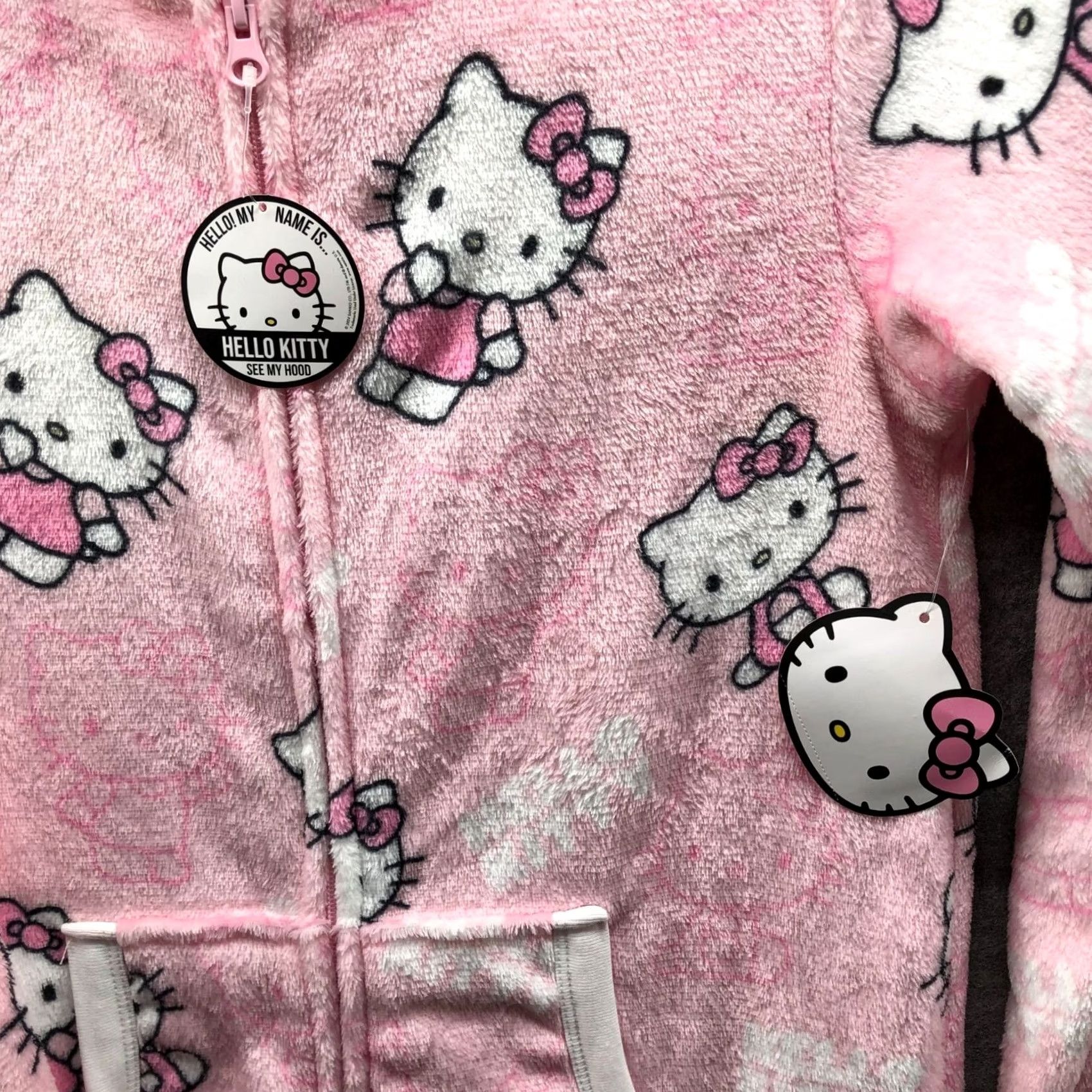 Vintage Hello Kitty Jumpsuit Womens XS Pink Plush Union Suit Pajama Hooded One Piece Size 26" / US 2 / IT 38 - 7 Thumbnail