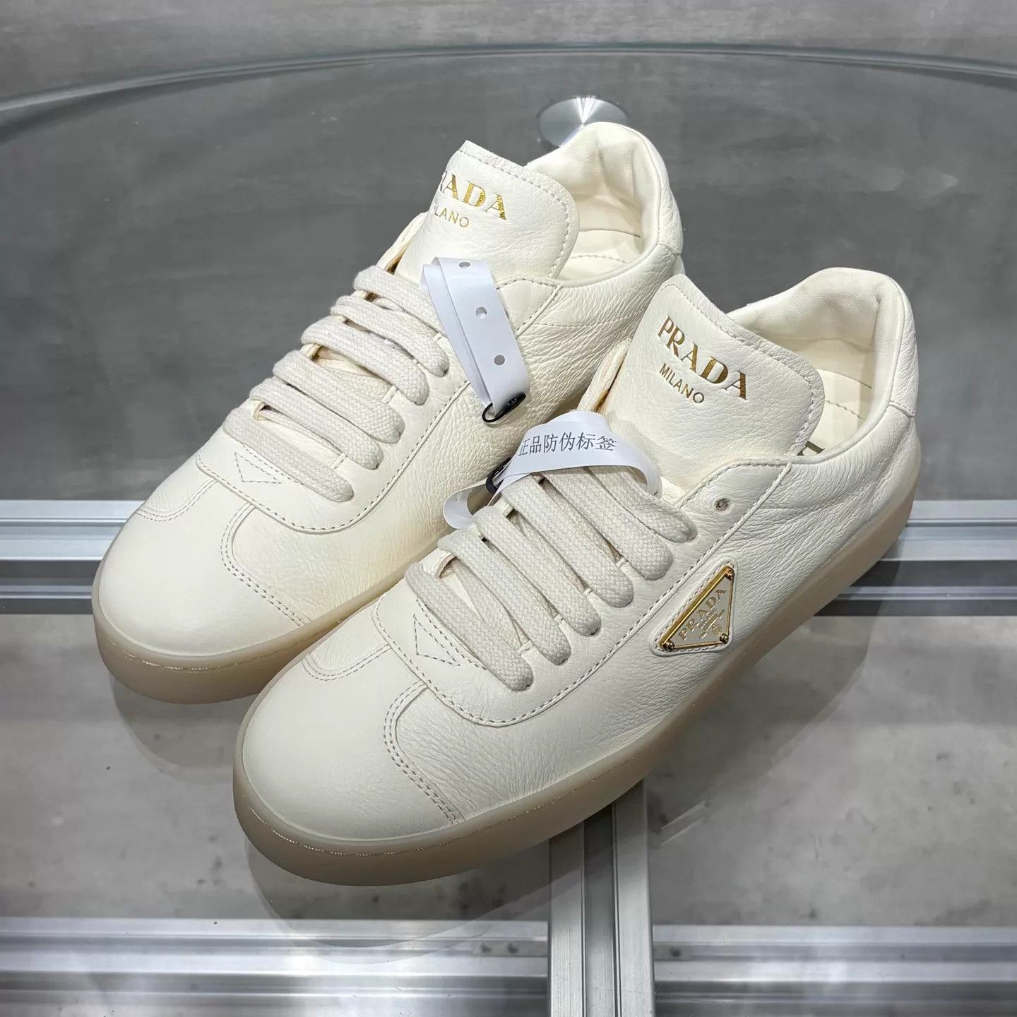 Prada Prada Cream Leather Triangle Logo Trainer Women's 37 Size US 6.5 / IT 36.5 - 2 Thumbnail