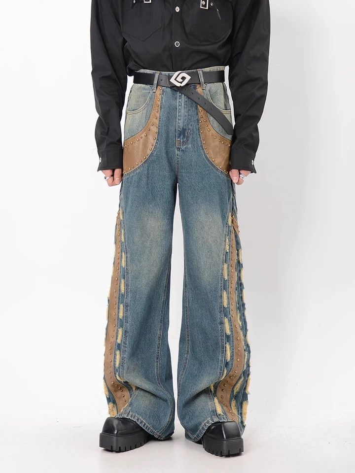 Japanese Brand × Jean Studded baggy jeans leather patchwork distressed Size US 28 / EU 44 - 2 Thumbnail