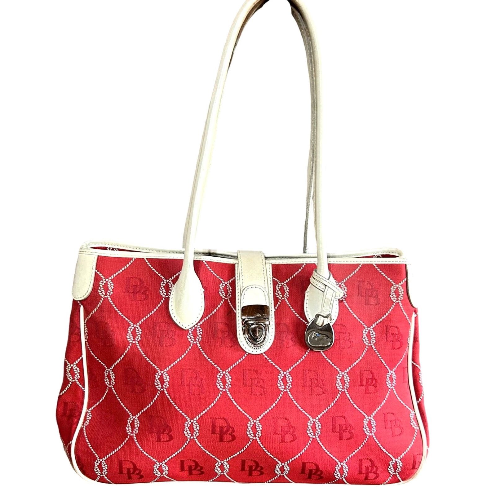 Logo 7 VINTAGE Dooney & Bourke Florentine Monogram Fabric Purse Women’s Shoulder Handbag Bag Red White Leather Canvas Size ONE SIZE - 2 Thumbnail