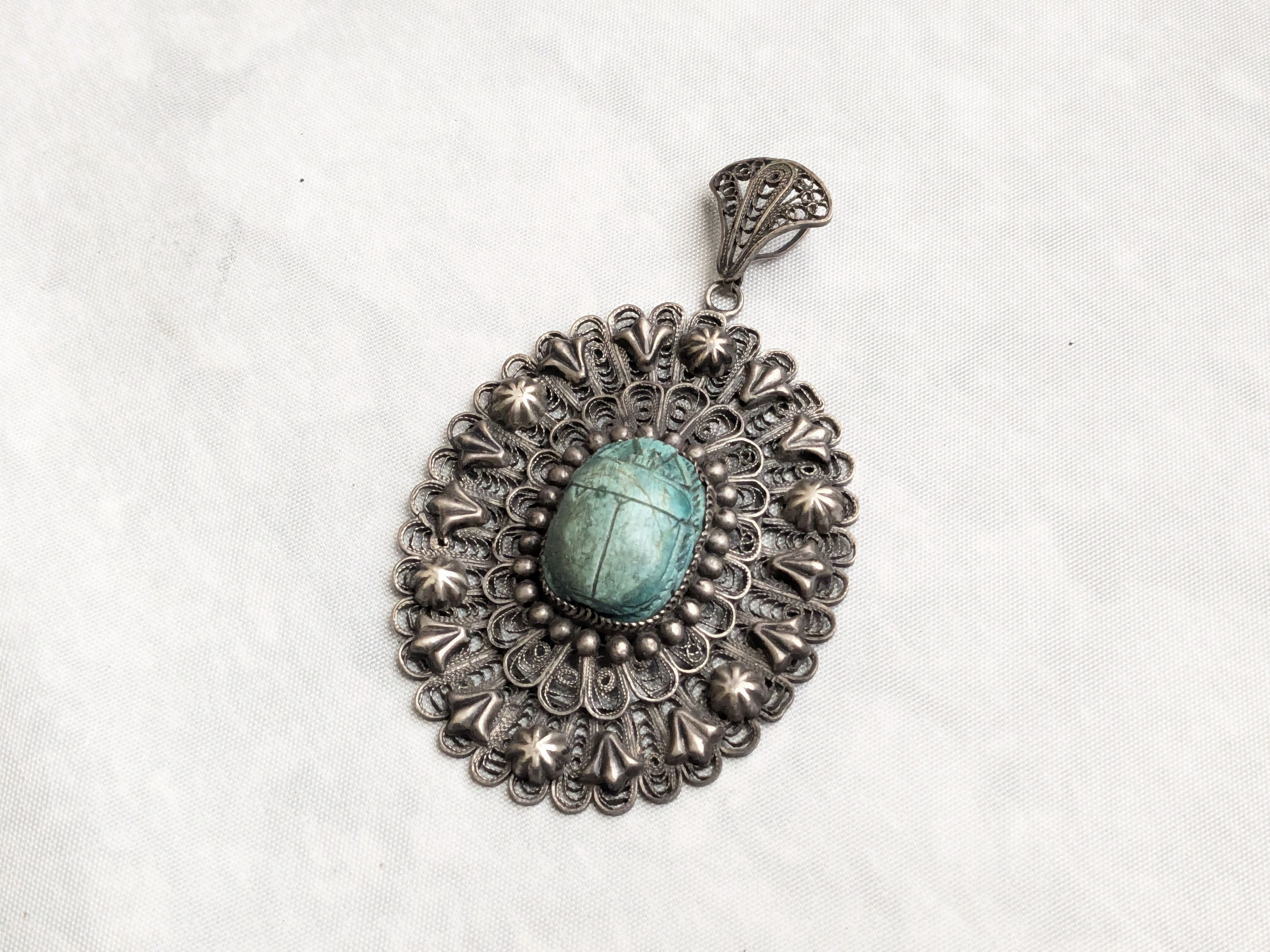 Jewelry Egyptian Silver Scarab Pendant Filigree Faience Blue Oval Size ONE SIZE - 4 Thumbnail
