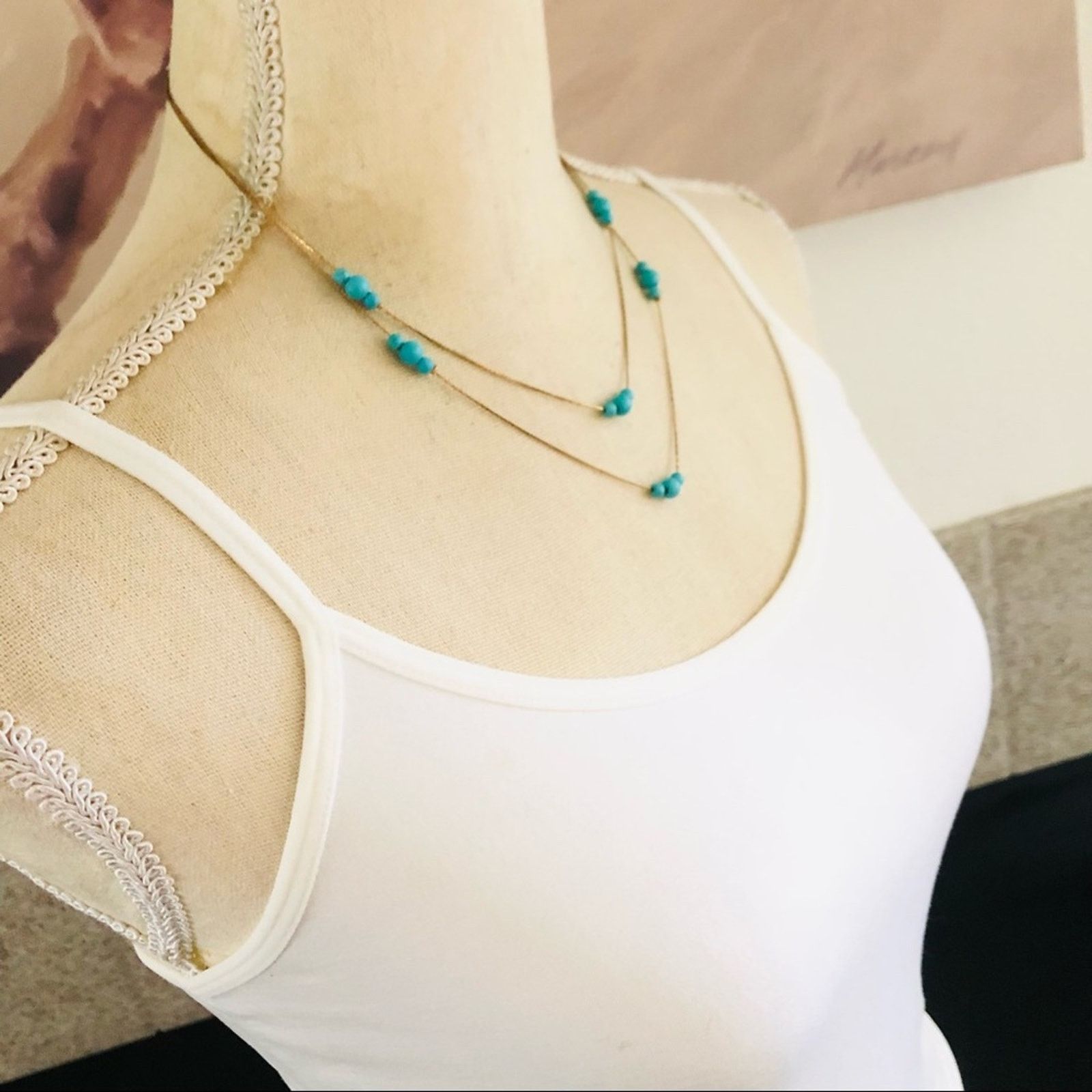 Jewelry Double strand layered faux turquoise beaded chain necklace Size ONE SIZE - 2 Thumbnail