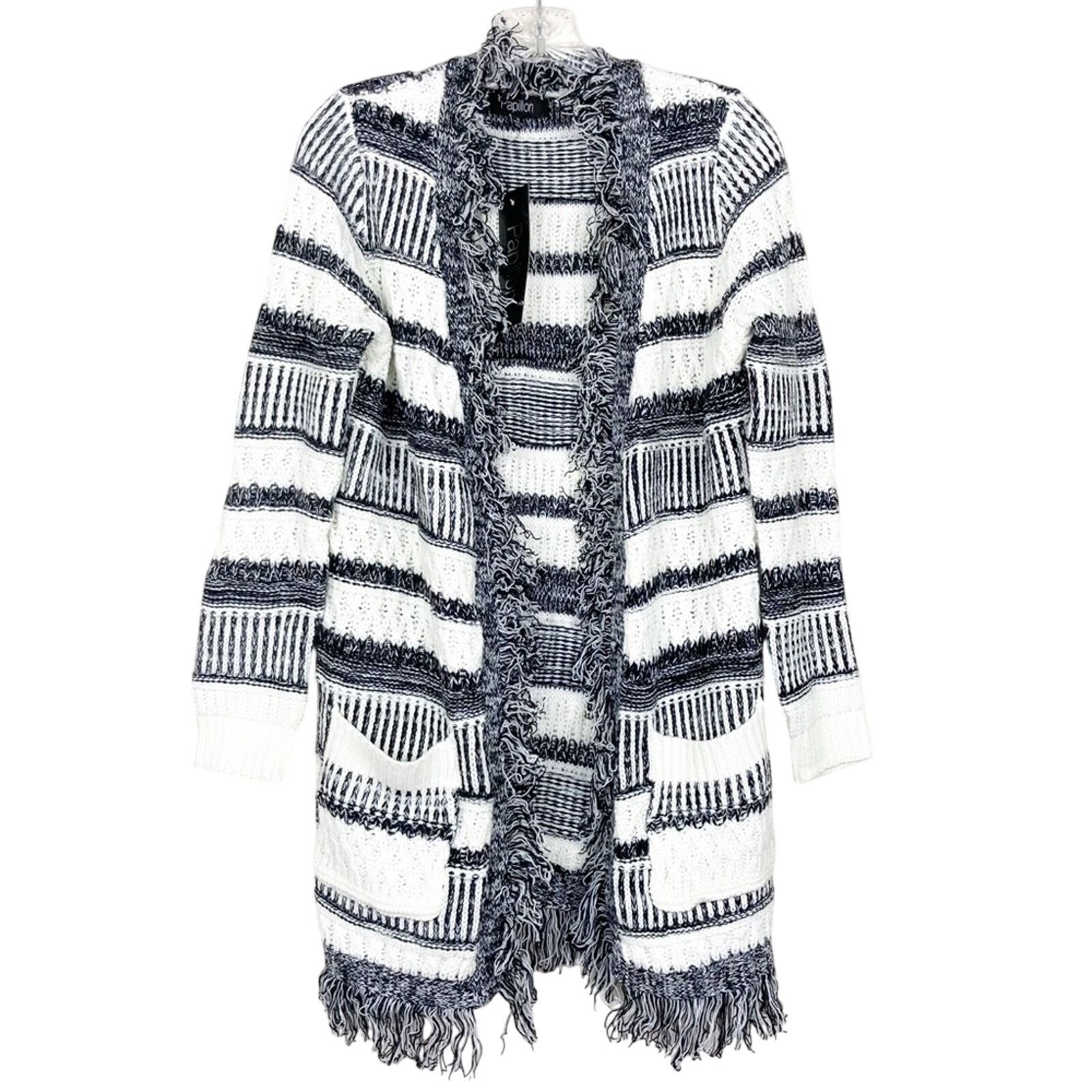 Other Papillon Black White Knit Fringe Open Front Cardigan Sz S Size S / US 4 / IT 40 - 1 Thumbnail