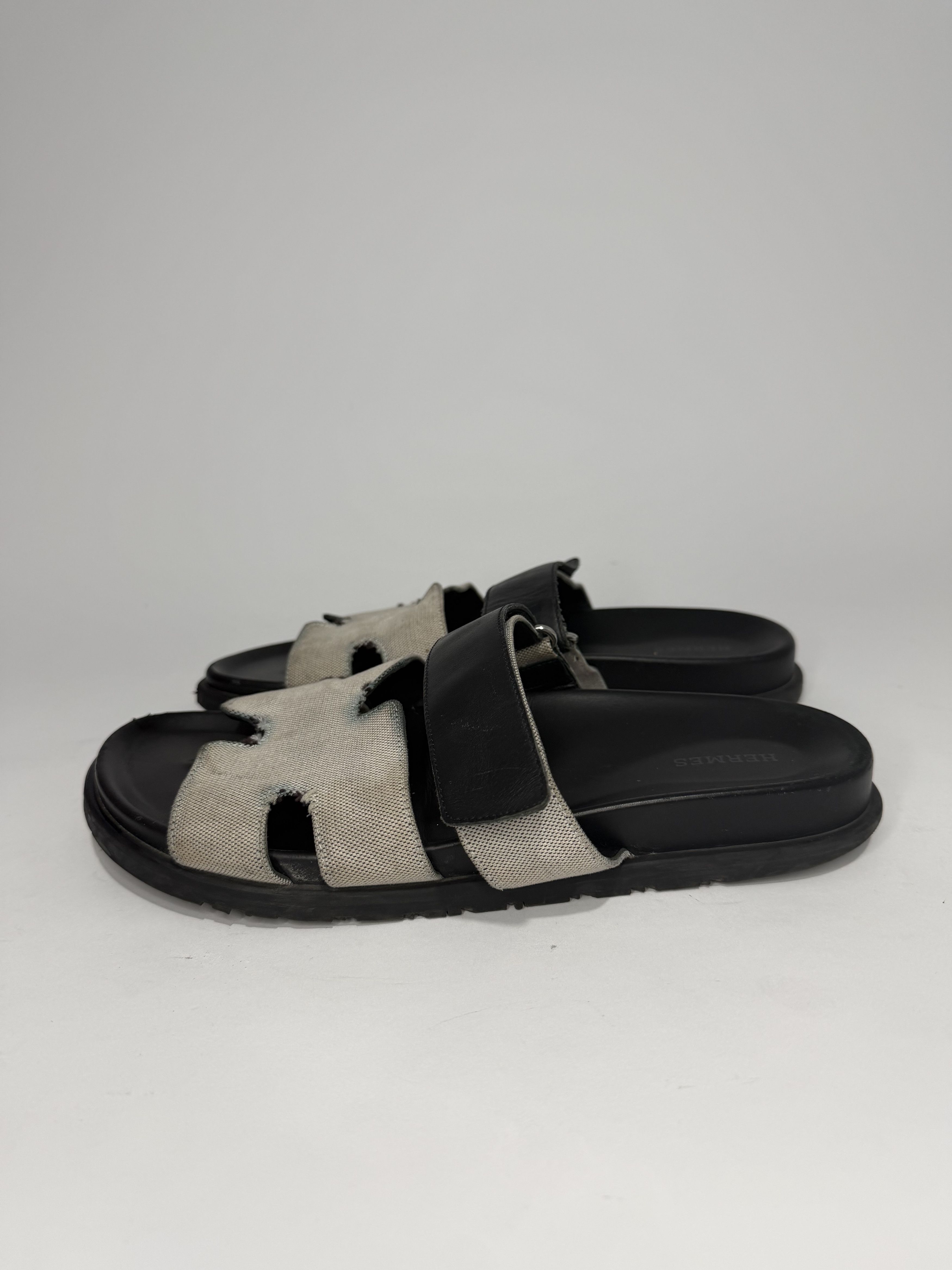 Hermes Grey/Black Canvas and Leather Chypre Sandals
