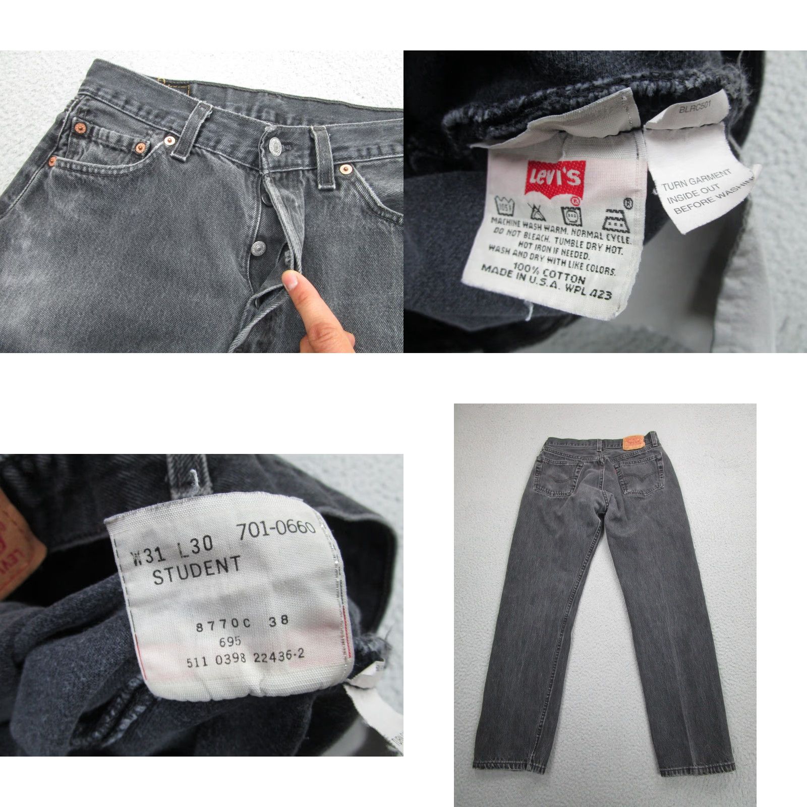Levi's VINTAGE Levis 501 Jeans Mens 31x30 Student Fit Button Fly Made USA 90s Denim Black Straight Real Leather Patch 100% Cotton Mens Size US 31 - 8 Thumbnail