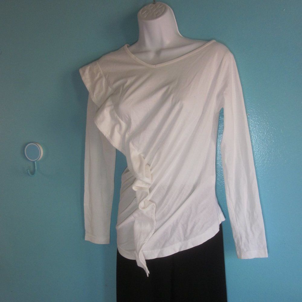 Alexa Chung Lu Lu Cheung Womens Size S Asymmetrical Long Sleeve White Cotton Ruffle Tee Size S / US 4 / IT 40 - 12 Thumbnail