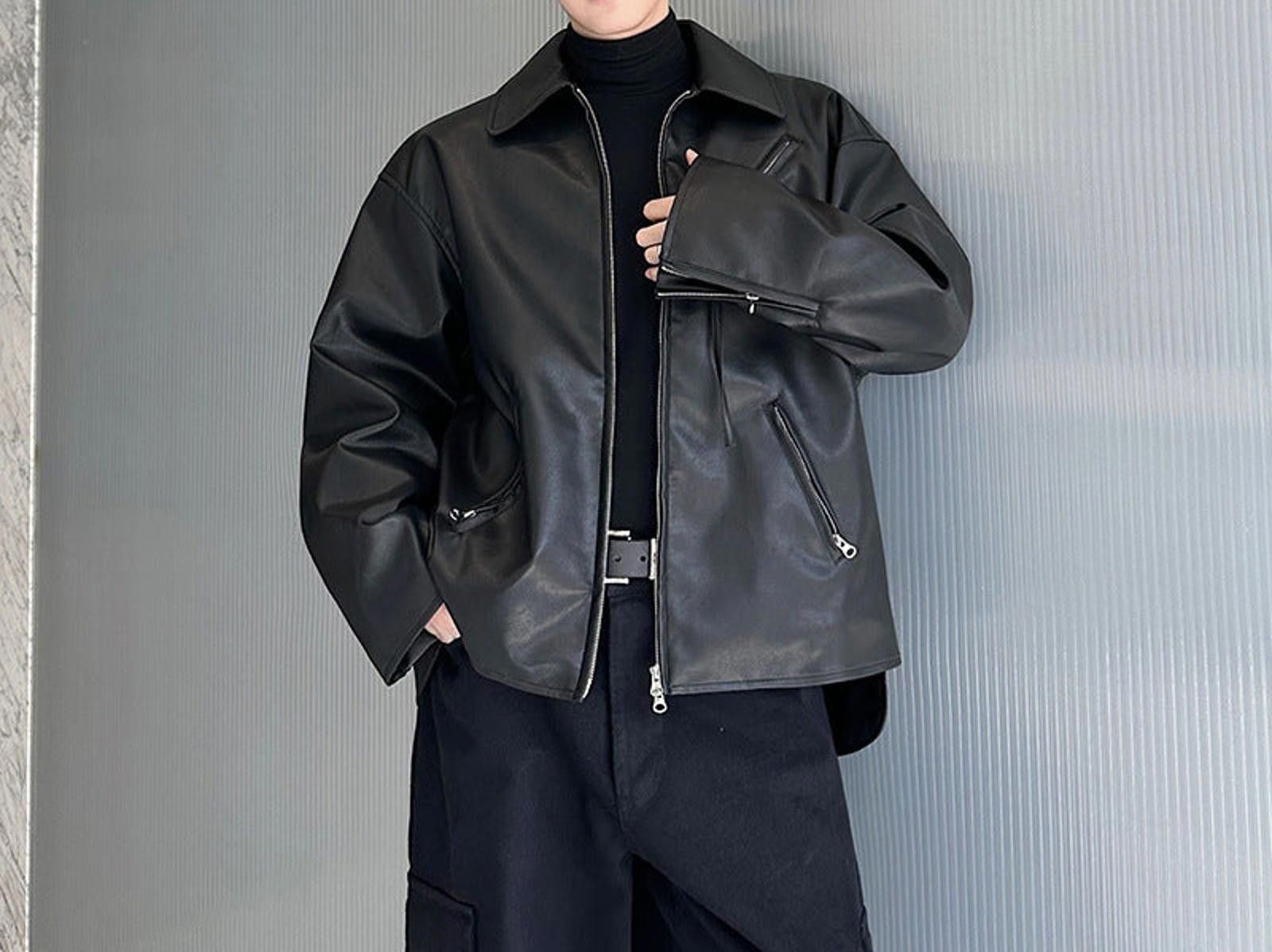 Leather Black Oversized Leather Jacket, Men's Zip-Up Outerwear Size US M / EU 48-50 / 2 - 2 Thumbnail